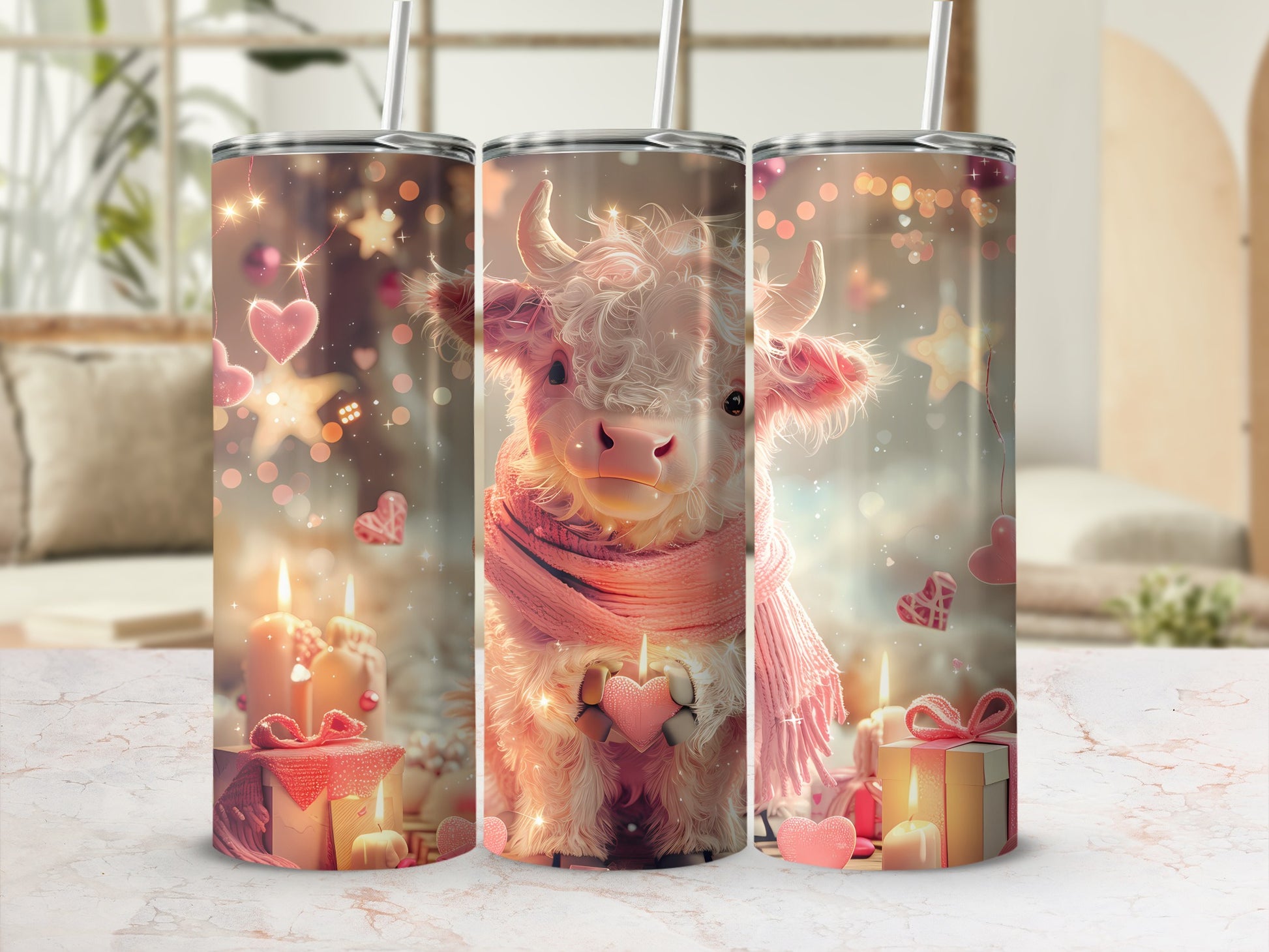 Pink scarf-wearing cow holding heart, surrounded by gifts and candles.
