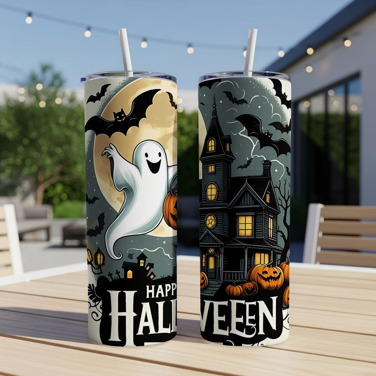 Two Halloween-themed tumblers, one with a ghost and moon, the other with a haunted house.