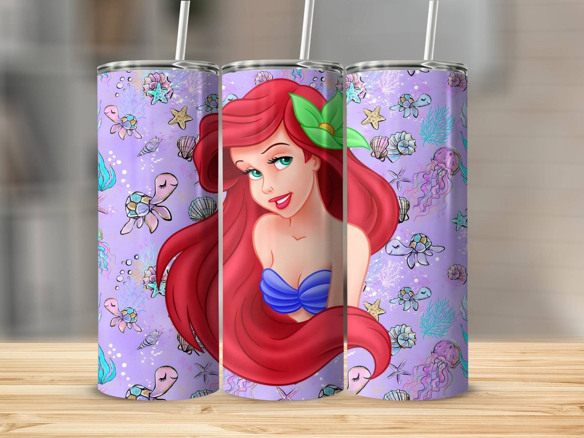 Mermaid Theme Ocean Creatures Tumbler With Lid