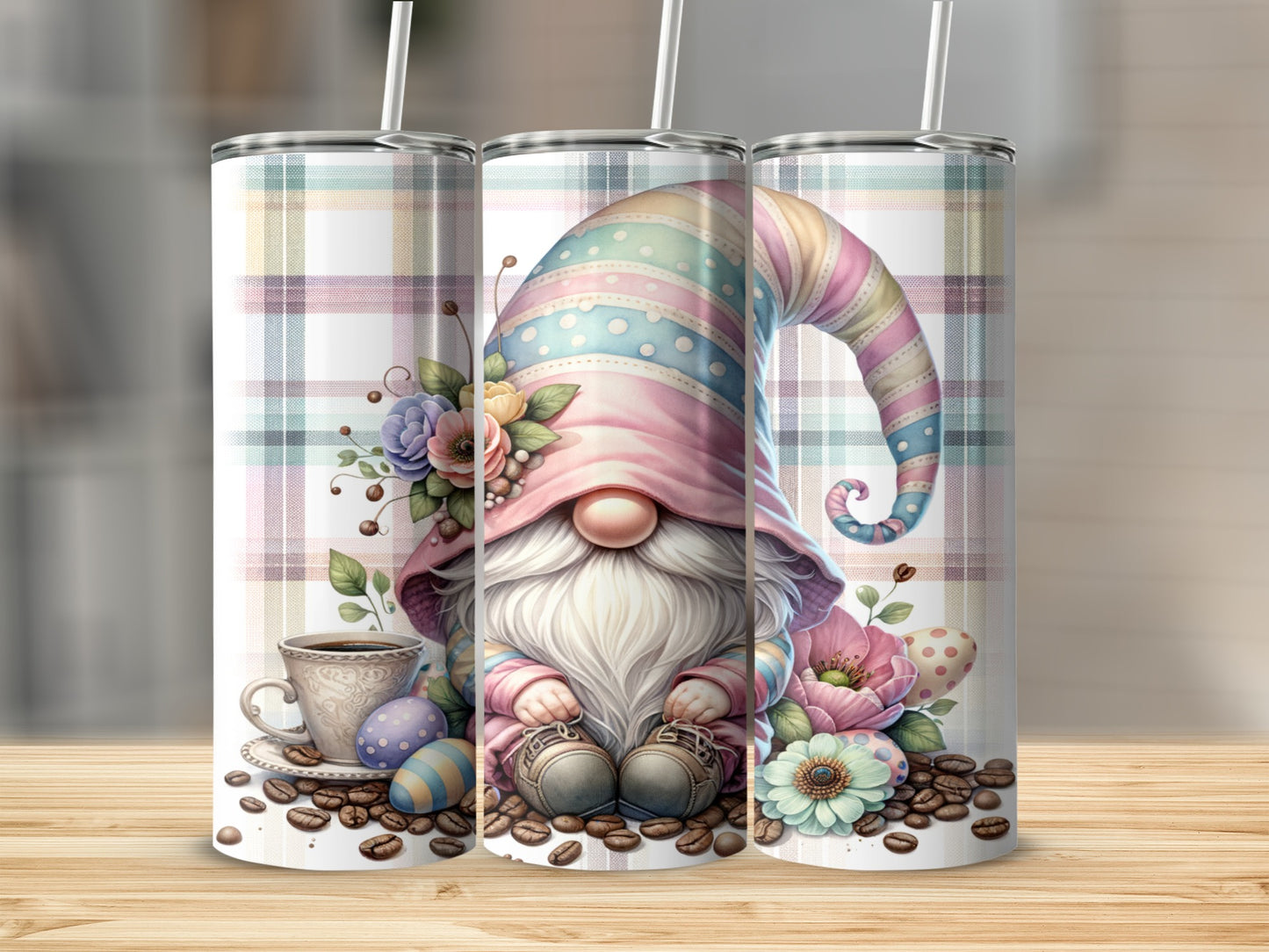 Gnome with coffee and Easter eggs on plaid background.