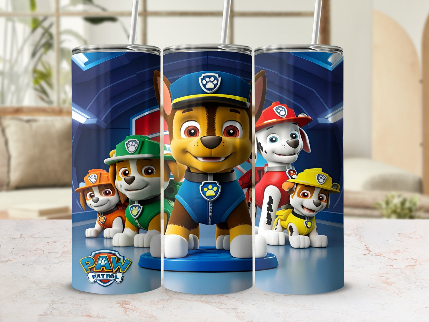 Paw Patrol characters Chase, Marshall, Rubble, and Skye on blue tumblers.