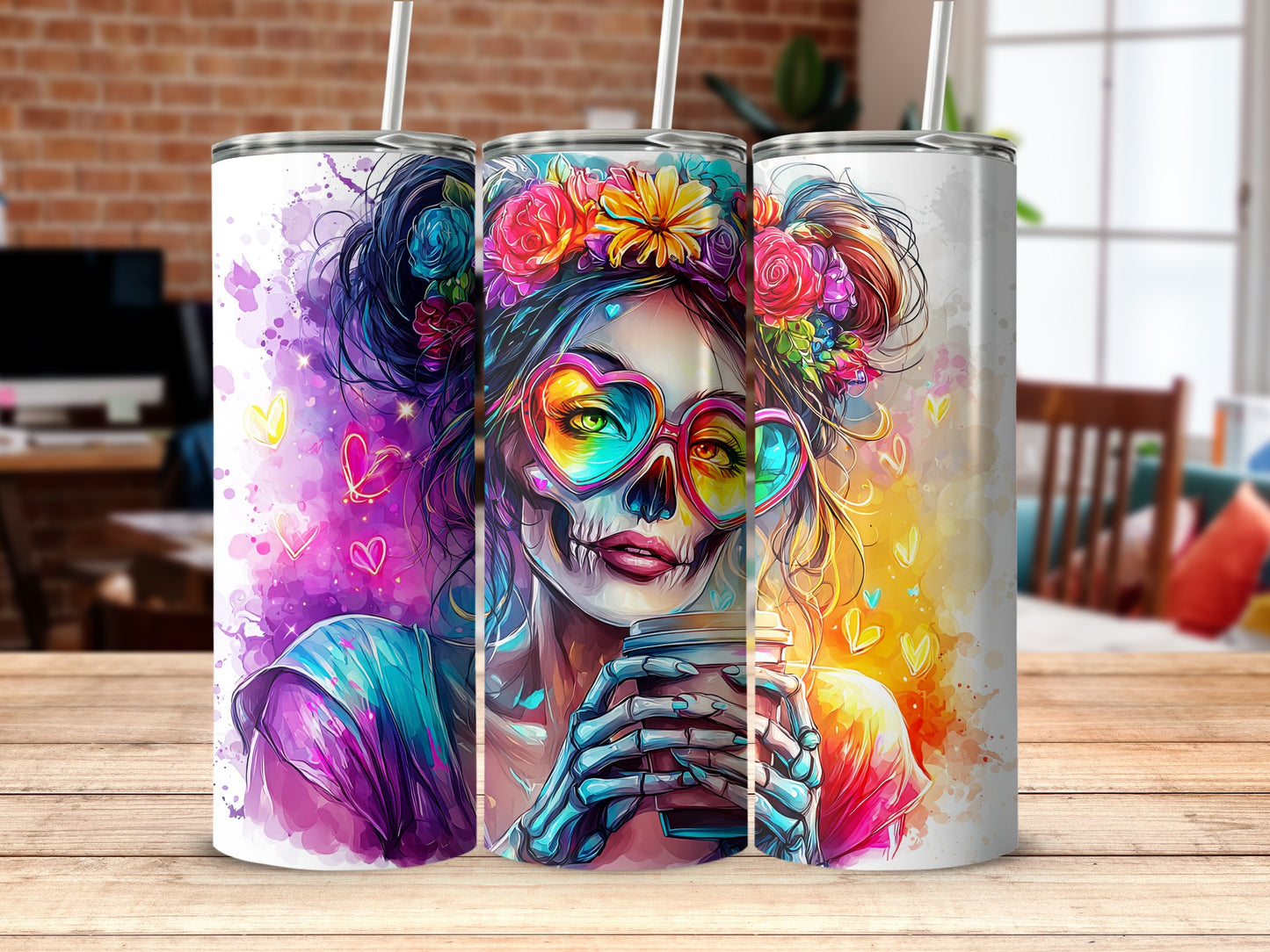 Colorful Day of the Dead Skull with Flowers Tumbler