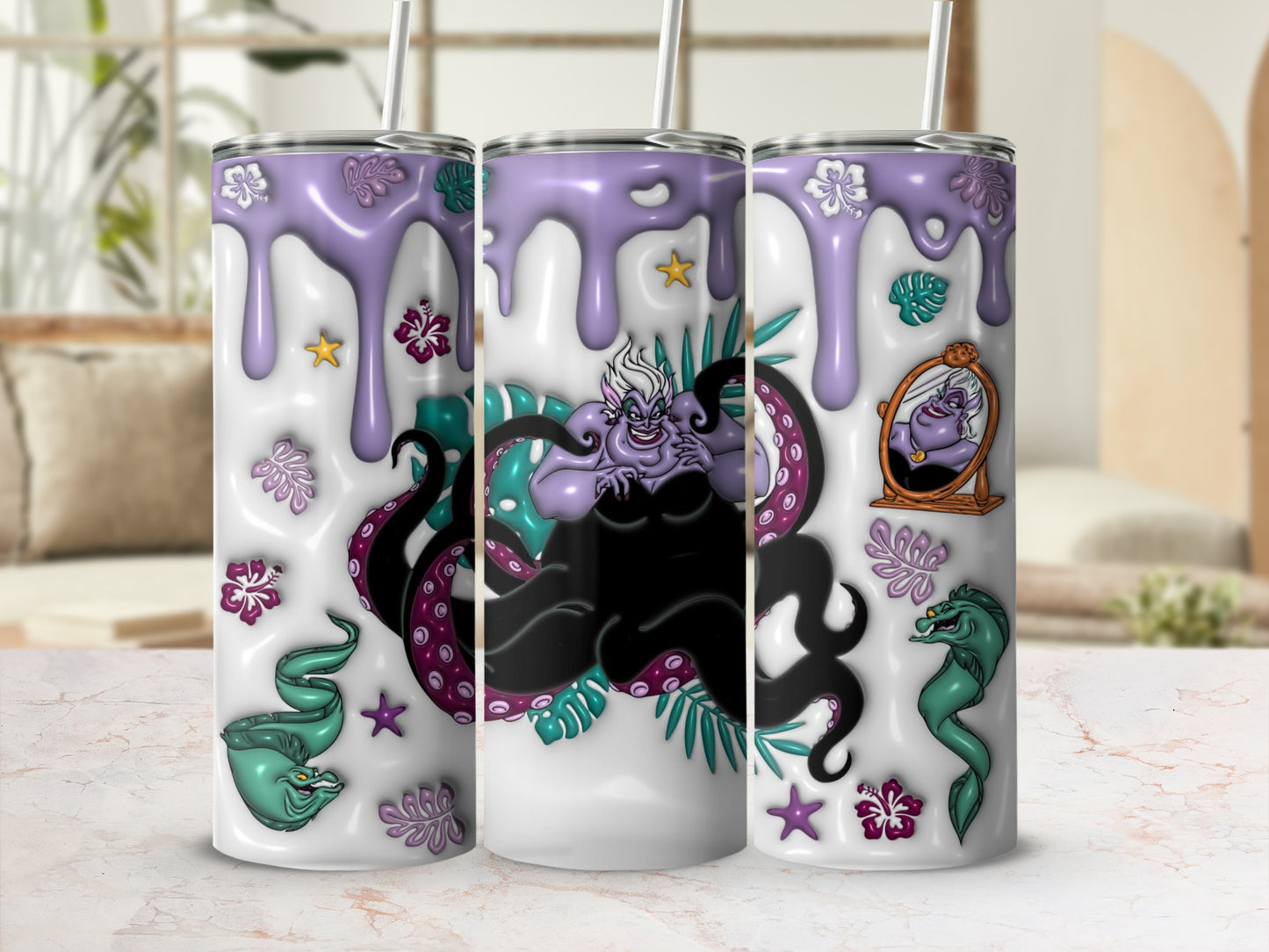 Ursula and Flotsam and Jetsam on a purple, white, and teal tumbler.