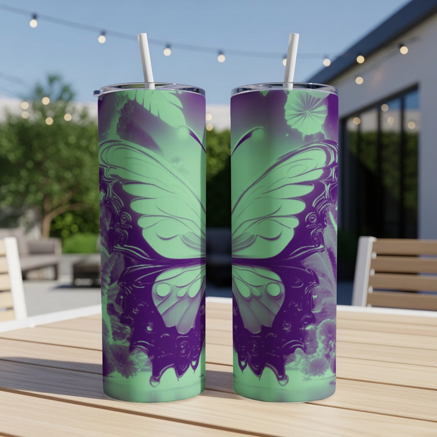 Two purple and green butterfly patterned tumblers on a table.