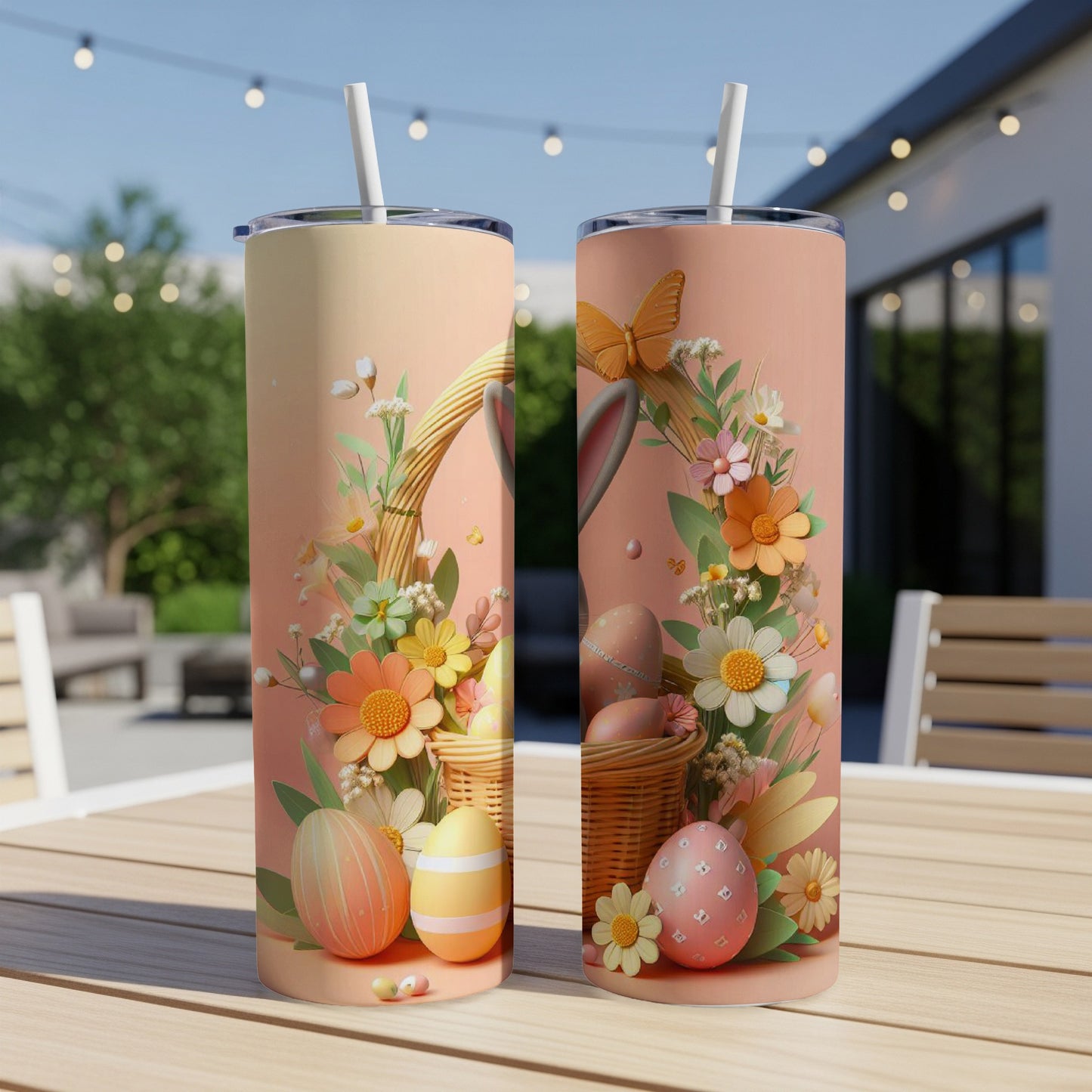 Easter basket and eggs design on two tumblers with a straw.