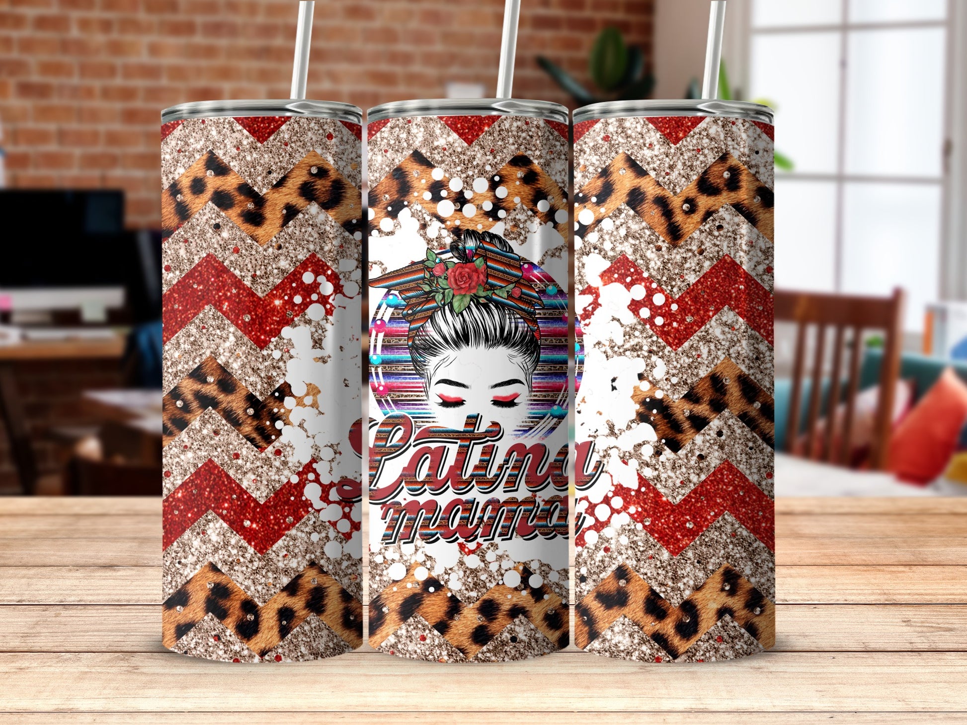 Glittery tumbler with "Latina Mama" text, leopard print, and chevron patterns.