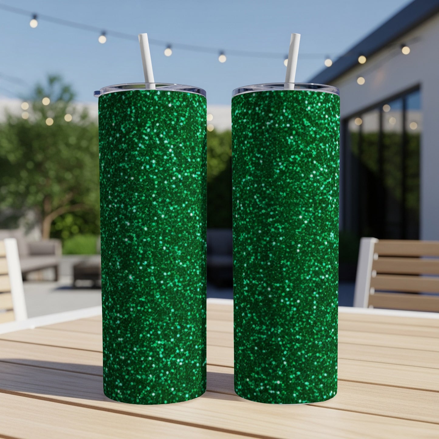 Two green glitter tumblers with straws on a wooden table outdoors.