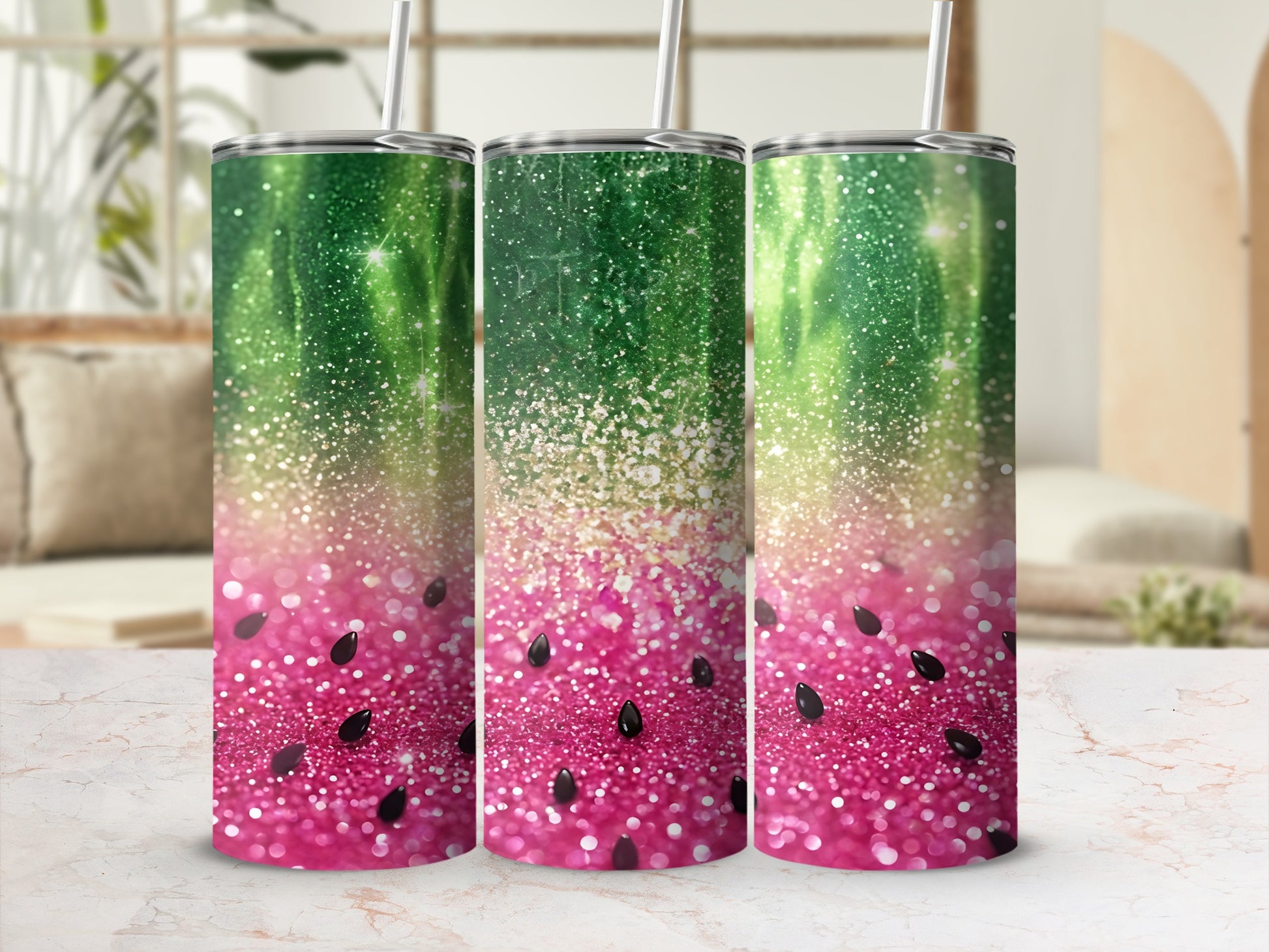 Tapered tumbler with watermelon rind design and pink glitter.