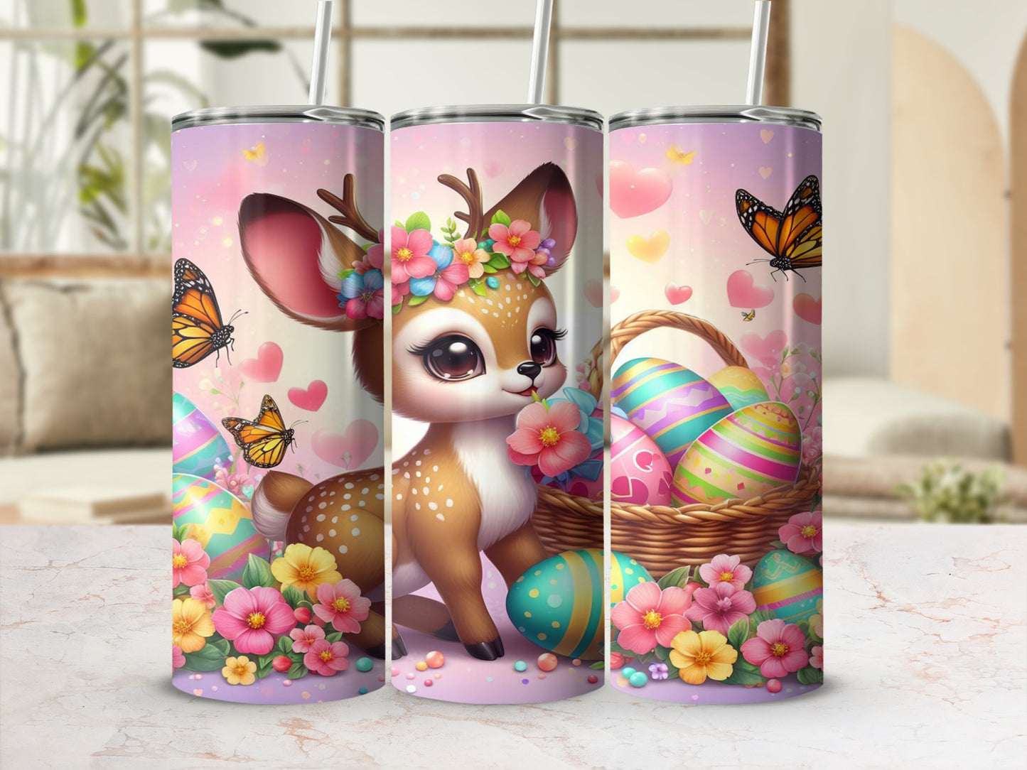 Cute deer with flowers and Easter eggs on a tumbler.