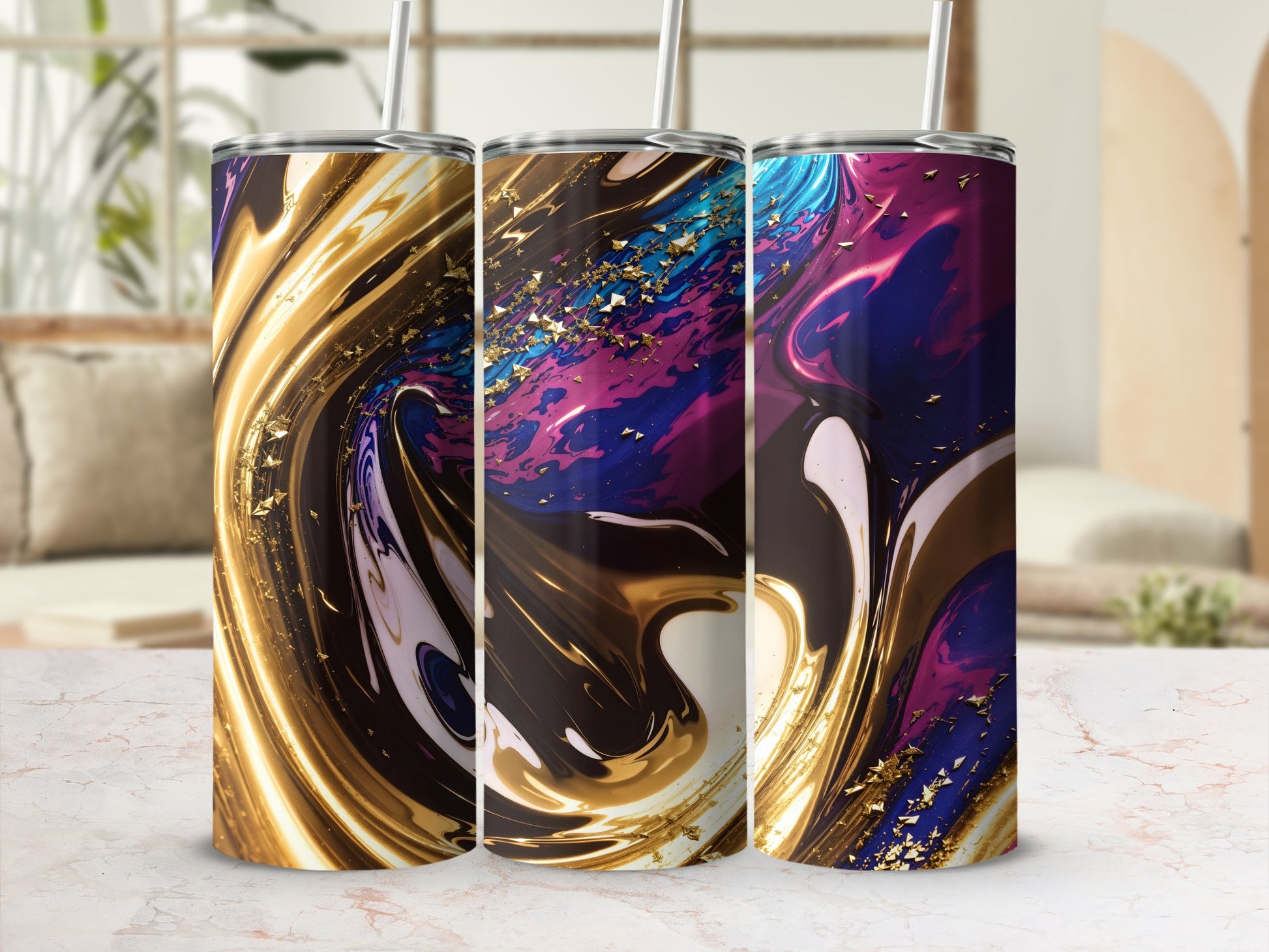 Three tumblers with swirling gold, purple, and blue abstract designs.