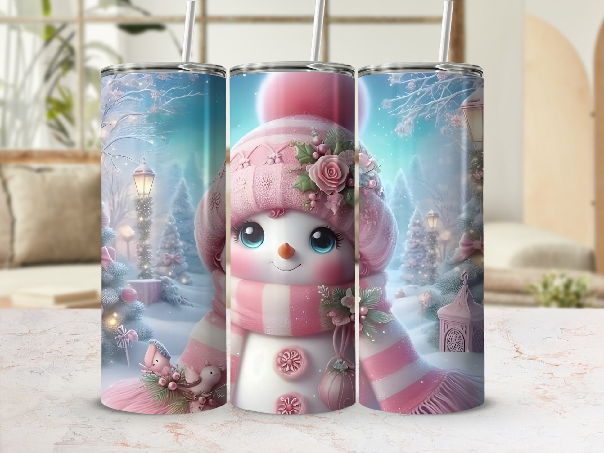 Adorable Winter Snowman Tumbler with Scenic Background
