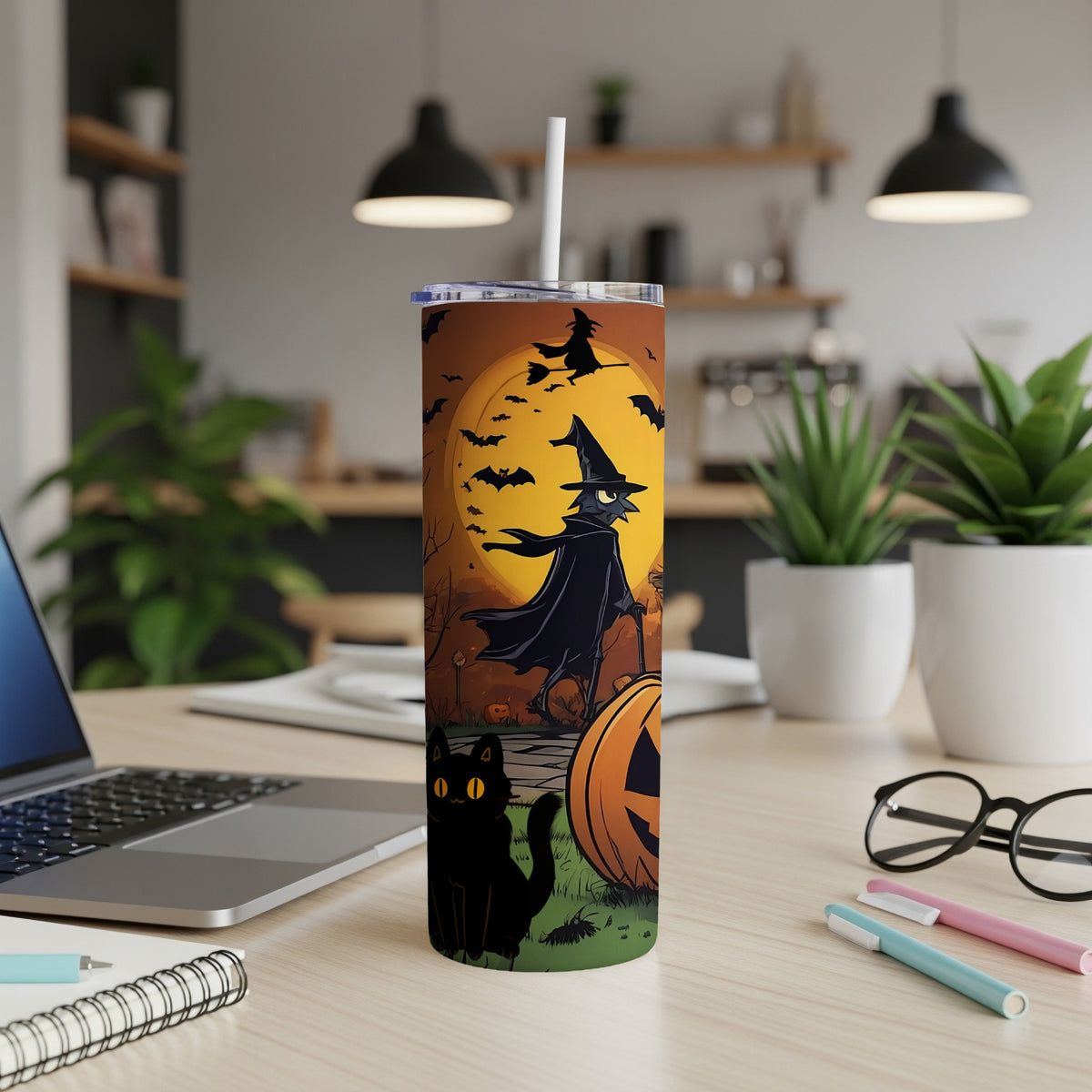 Halloween tumbler with witch, black cat, pumpkin, bats, and full moon design.