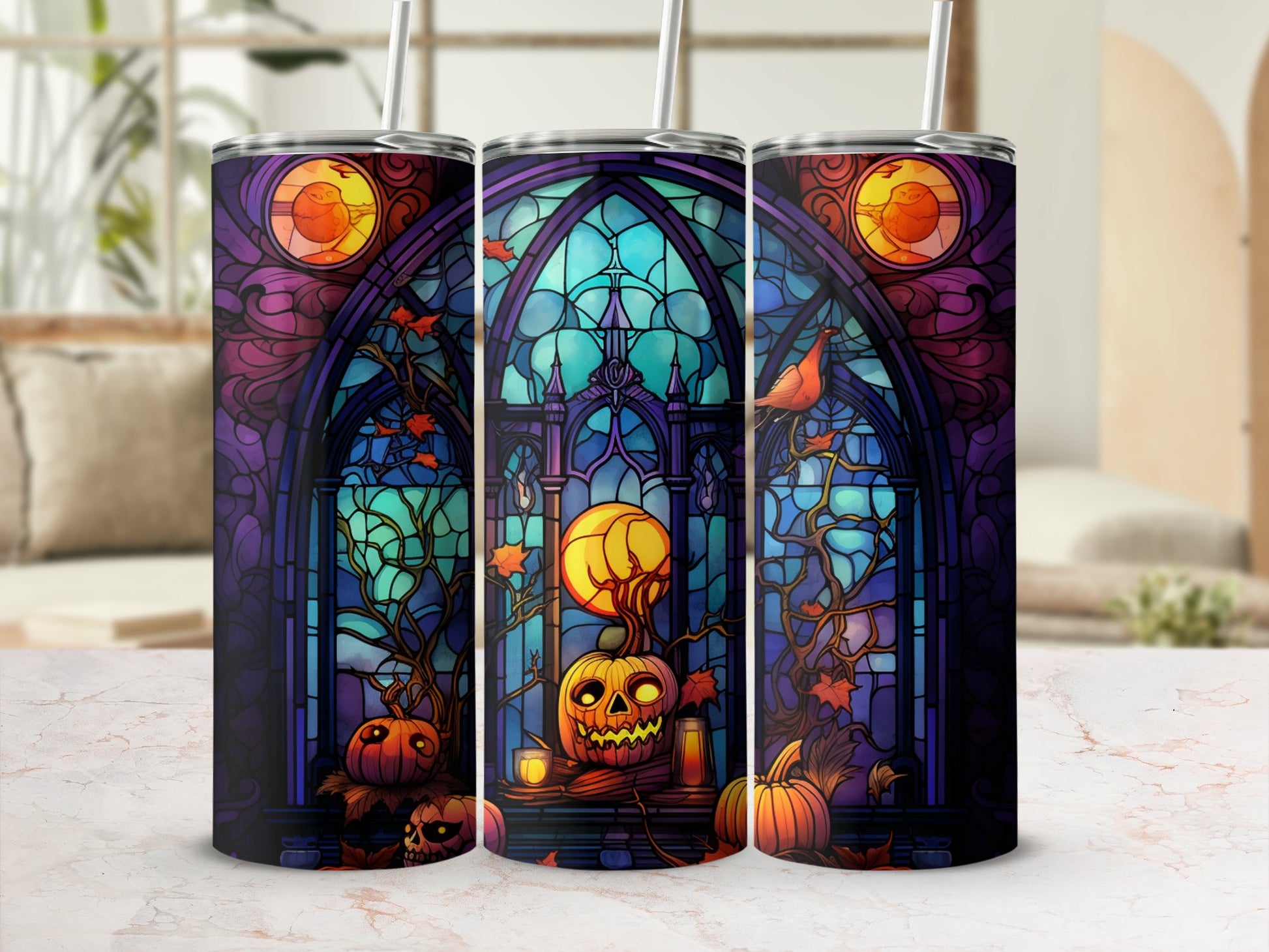 Stained glass tumbler with pumpkins, moon, and ornate window design.