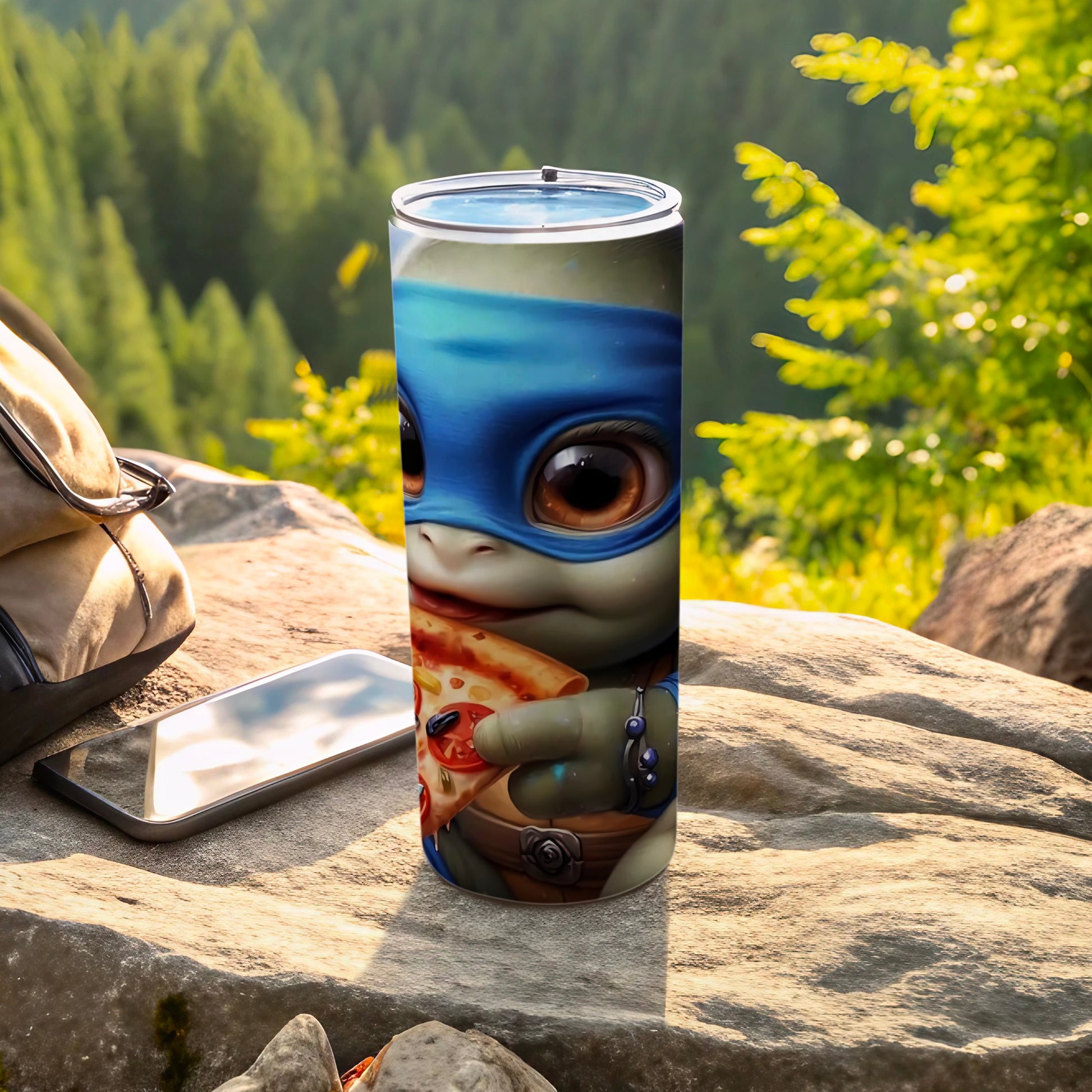 Adorable Blue Masked Character with Pizza Tumbler