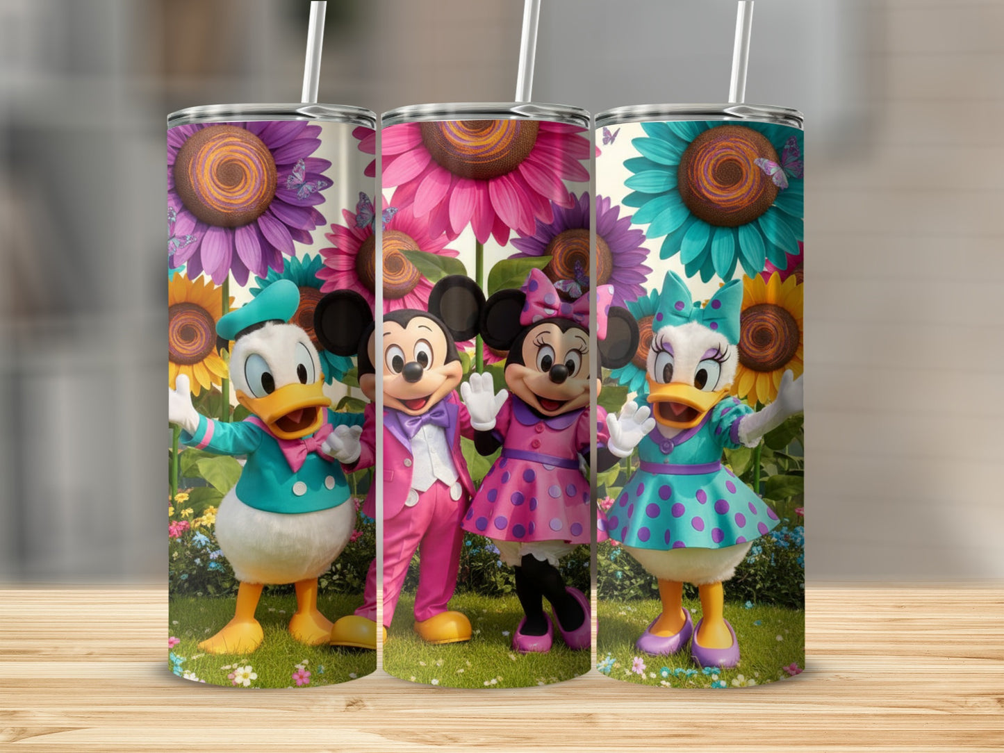 Colorful Cartoon Characters Floral Tumbler with Straw