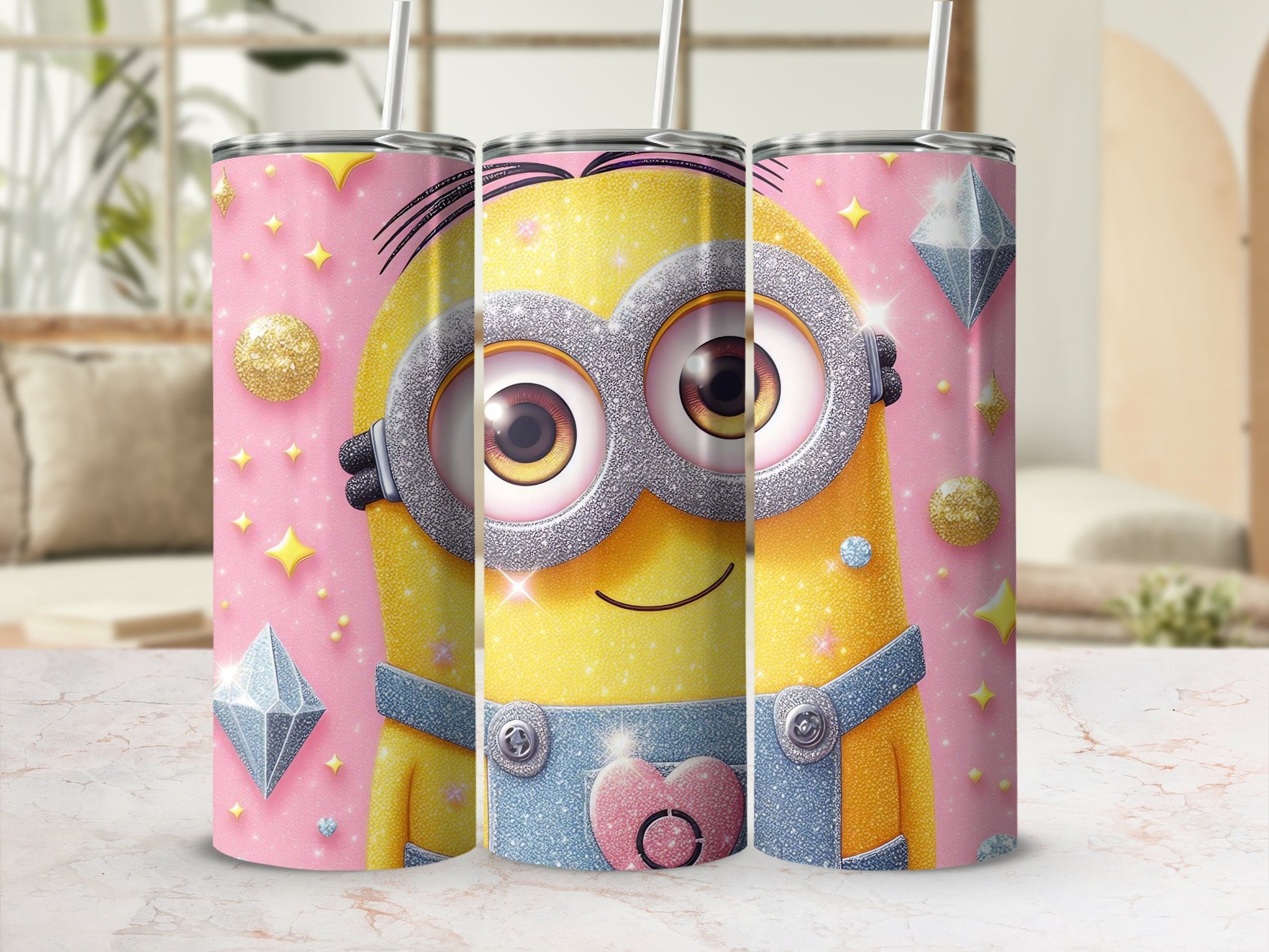 Cute Glittery Minion Tumbler with Pink Background