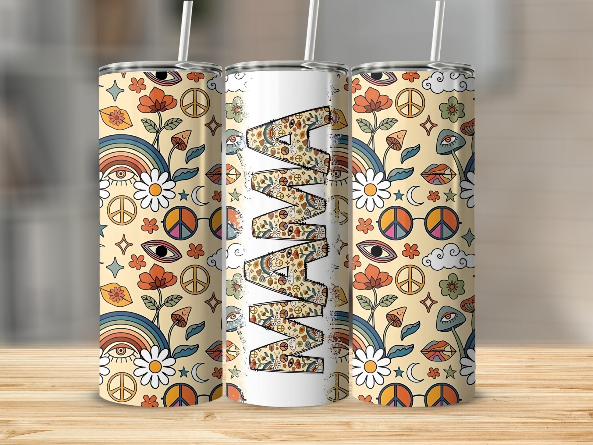Colorful Boho Mama Peace and Flowers Tumbler Product