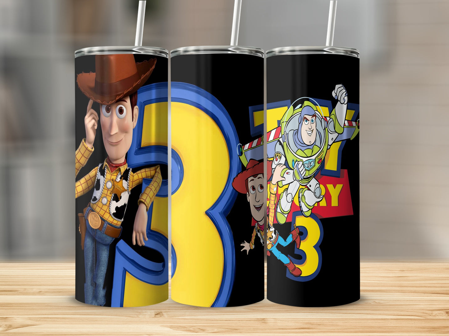Woody and Buzz Lightyear from Toy Story on a numbered 3 tumbler.