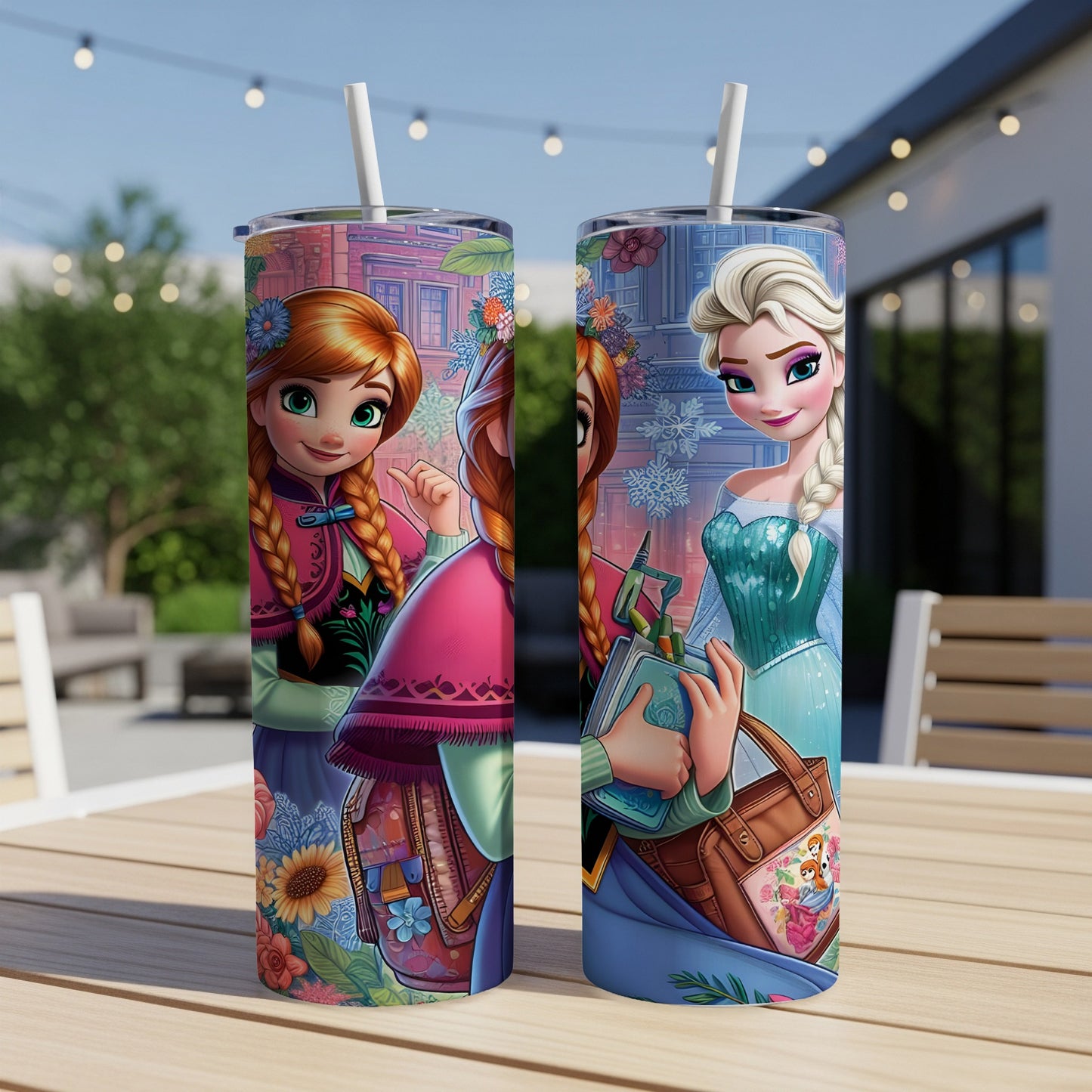Anna and Elsa from Frozen on a skinny tumbler with straw.