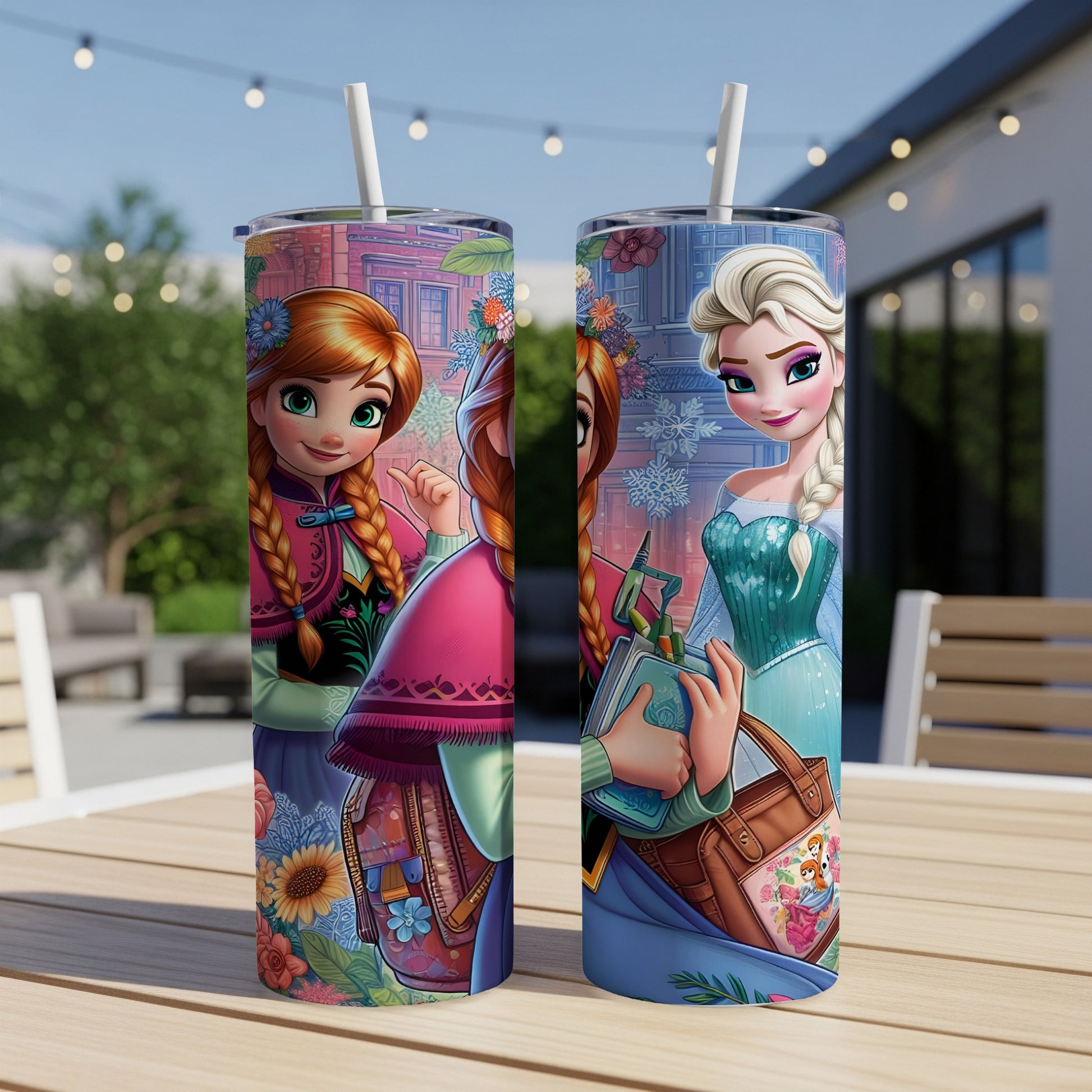 Anna and Elsa from Frozen on a skinny tumbler with straw.