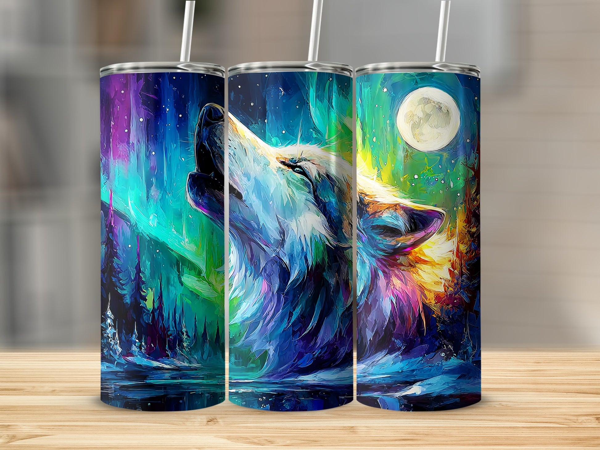 Colorful Howling Wolf Under Full Moon Tumbler