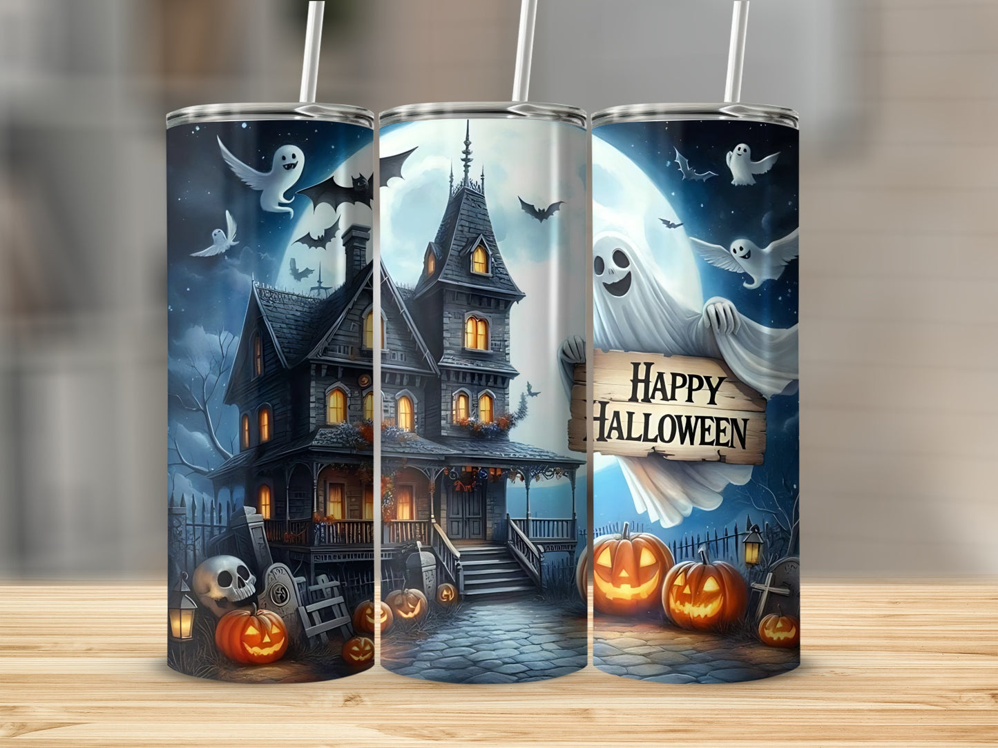 Halloween scene with haunted house, ghosts, bats, pumpkins, and "Happy Halloween" sign.
