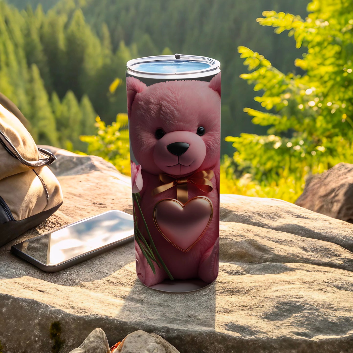 Cute Pink Teddy Bear with Heart Design Tumbler