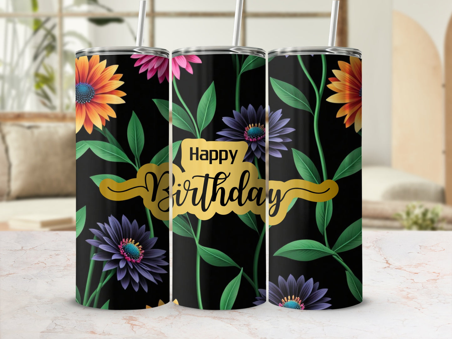 Three black tumblers with colorful flowers and "Happy Birthday" text.
