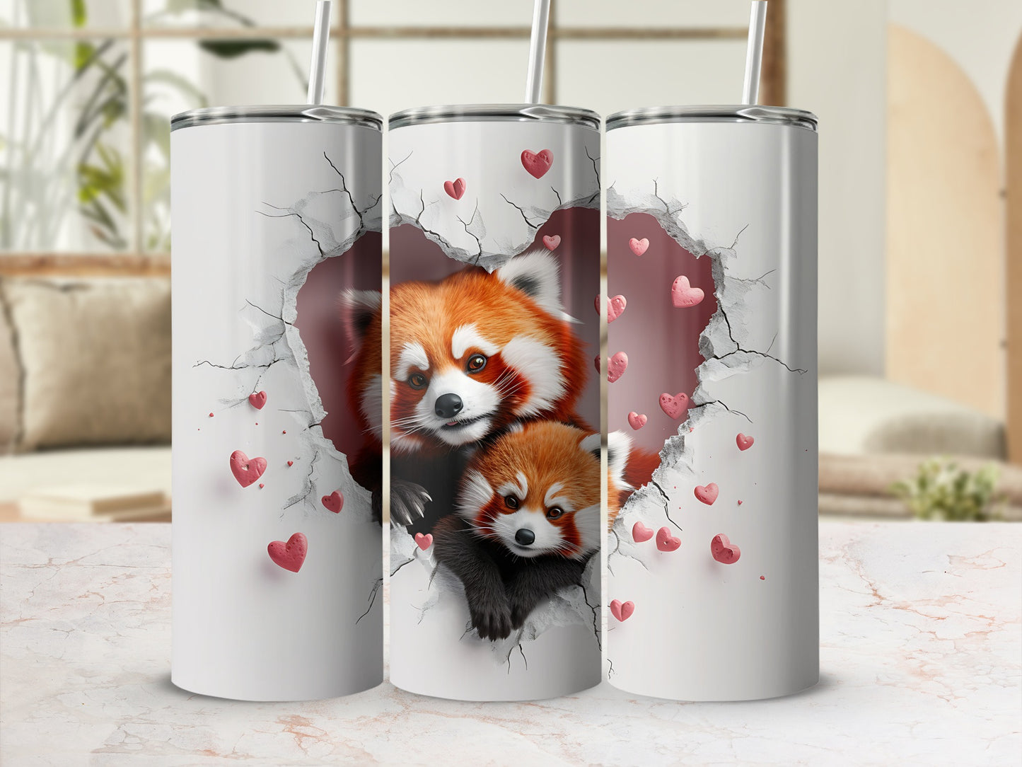 Three white tumblers with red panda cubs and hearts design.