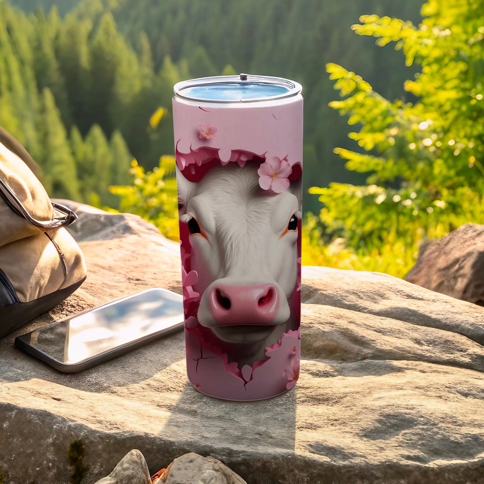 Pink Floral Cow Head Nature Scene Travel Mug product type