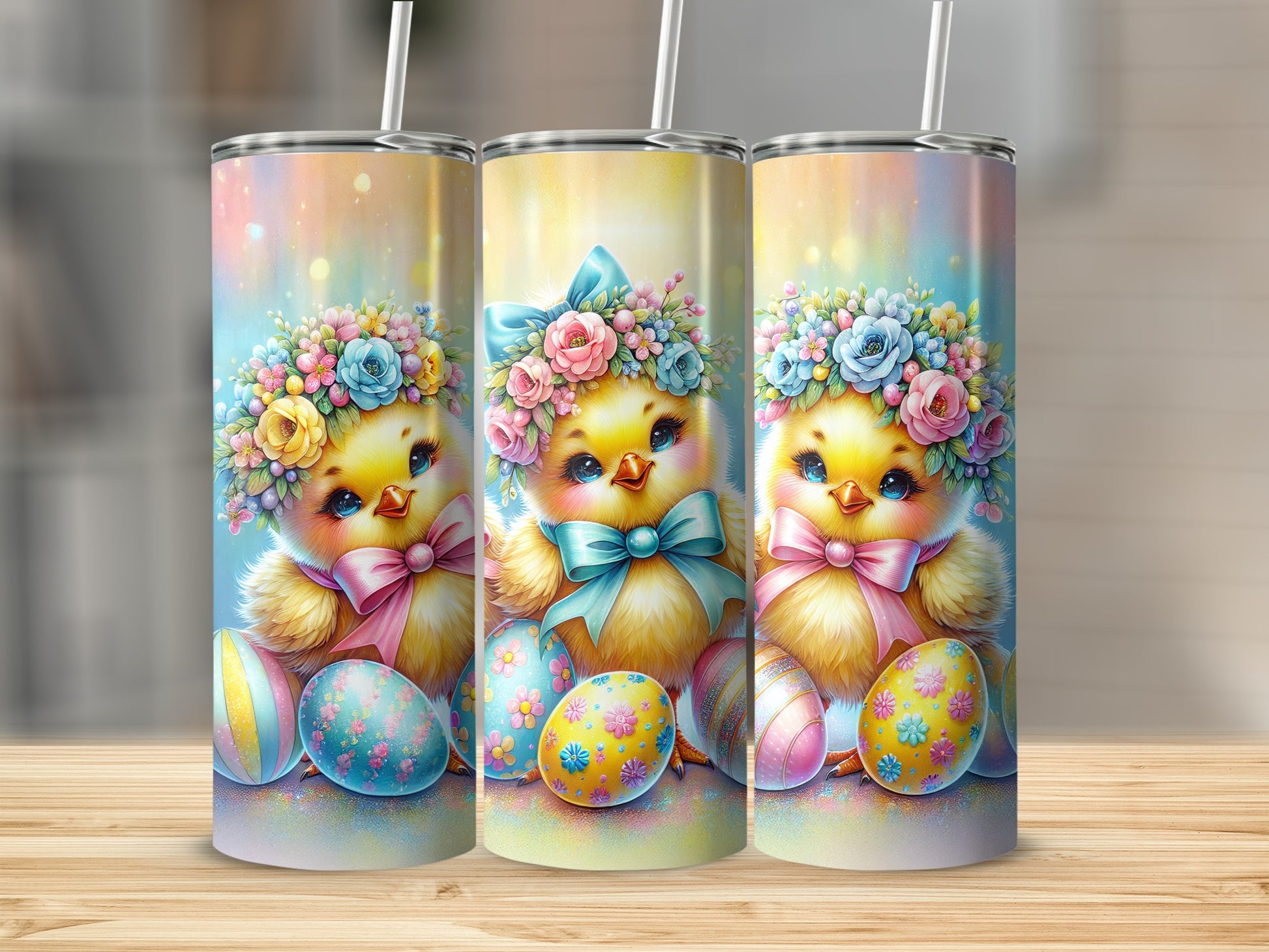 Three cute chicks wearing flower crowns and bows, surrounded by Easter eggs.
