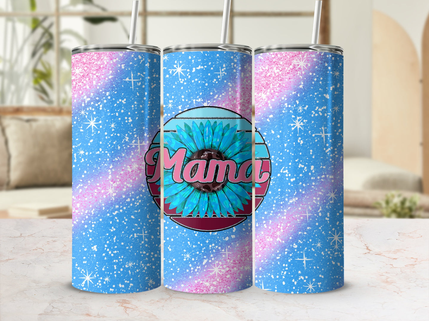 Blue and Pink Mama Floral Glitter Design Tumbler