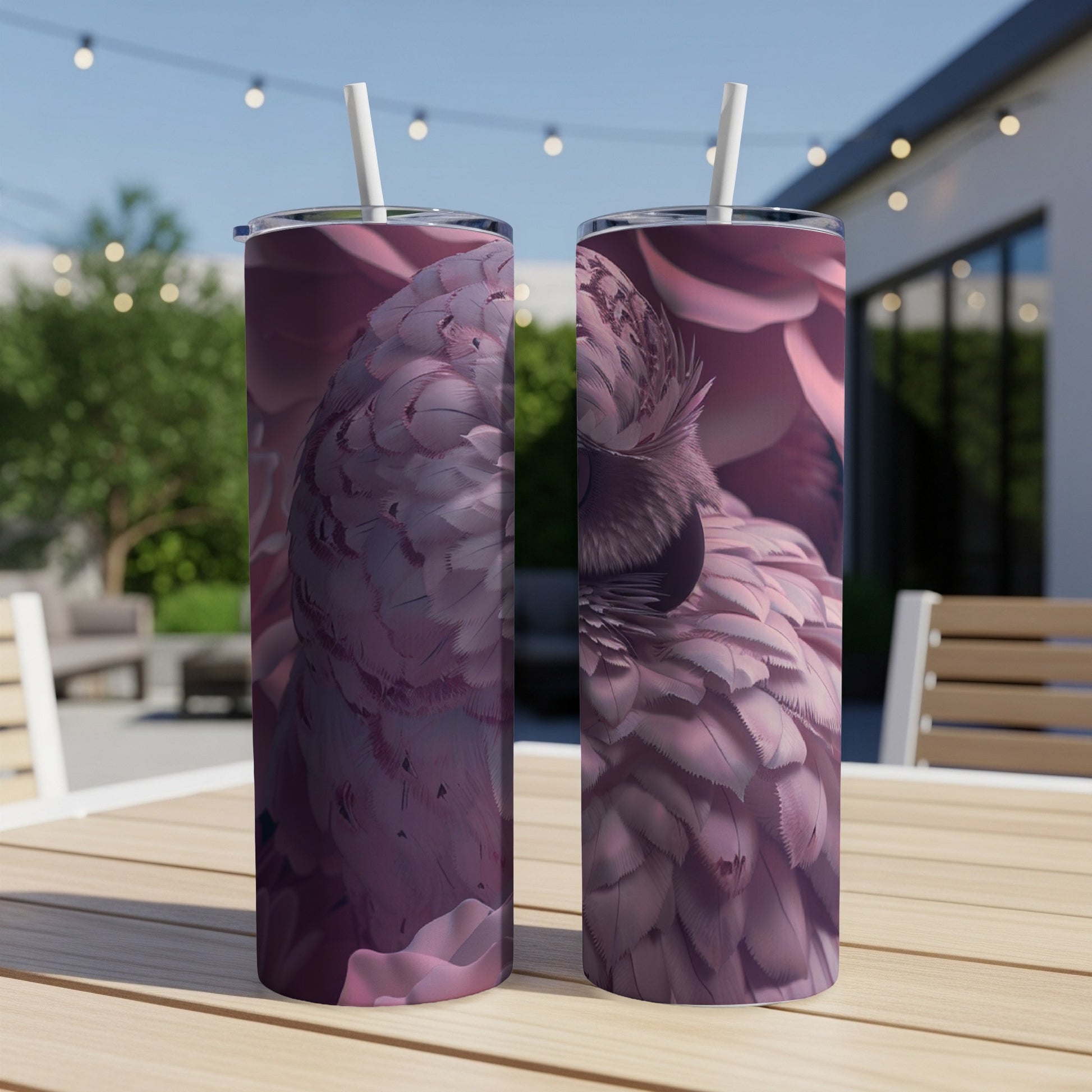 Pink feathered bird portrait on two matching tumblers on a patio table.