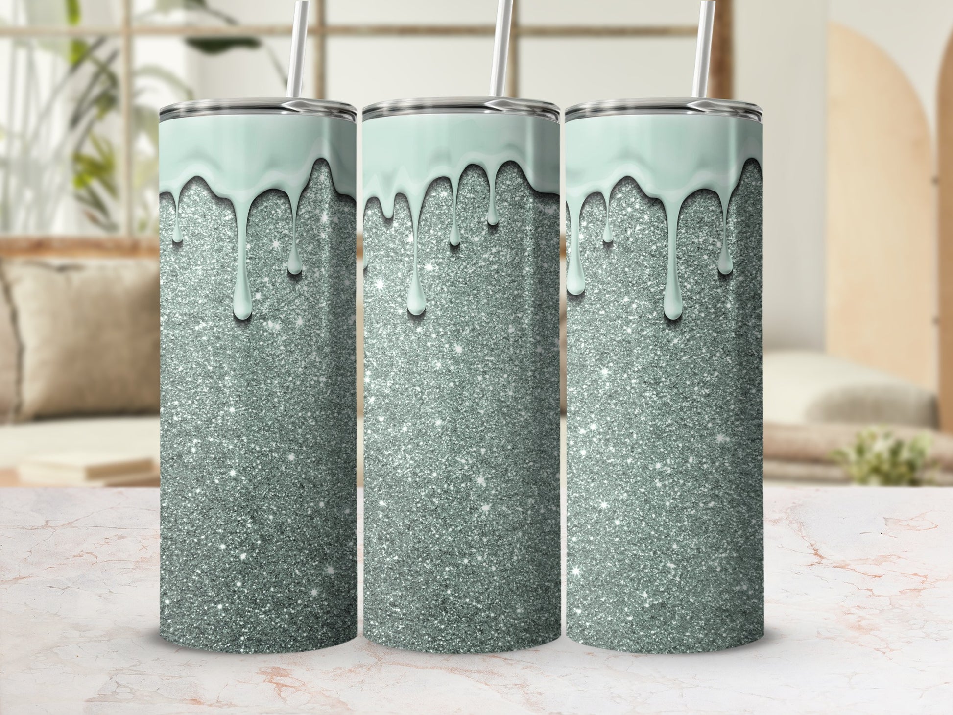Glittery Mint Drip Tumbler with Stainless Steel Straw