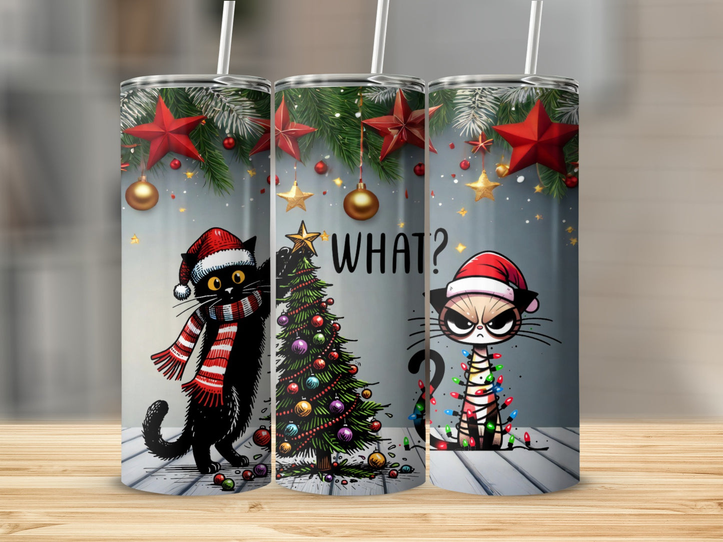 Christmas cats in Santa hats with festive tree and lights.