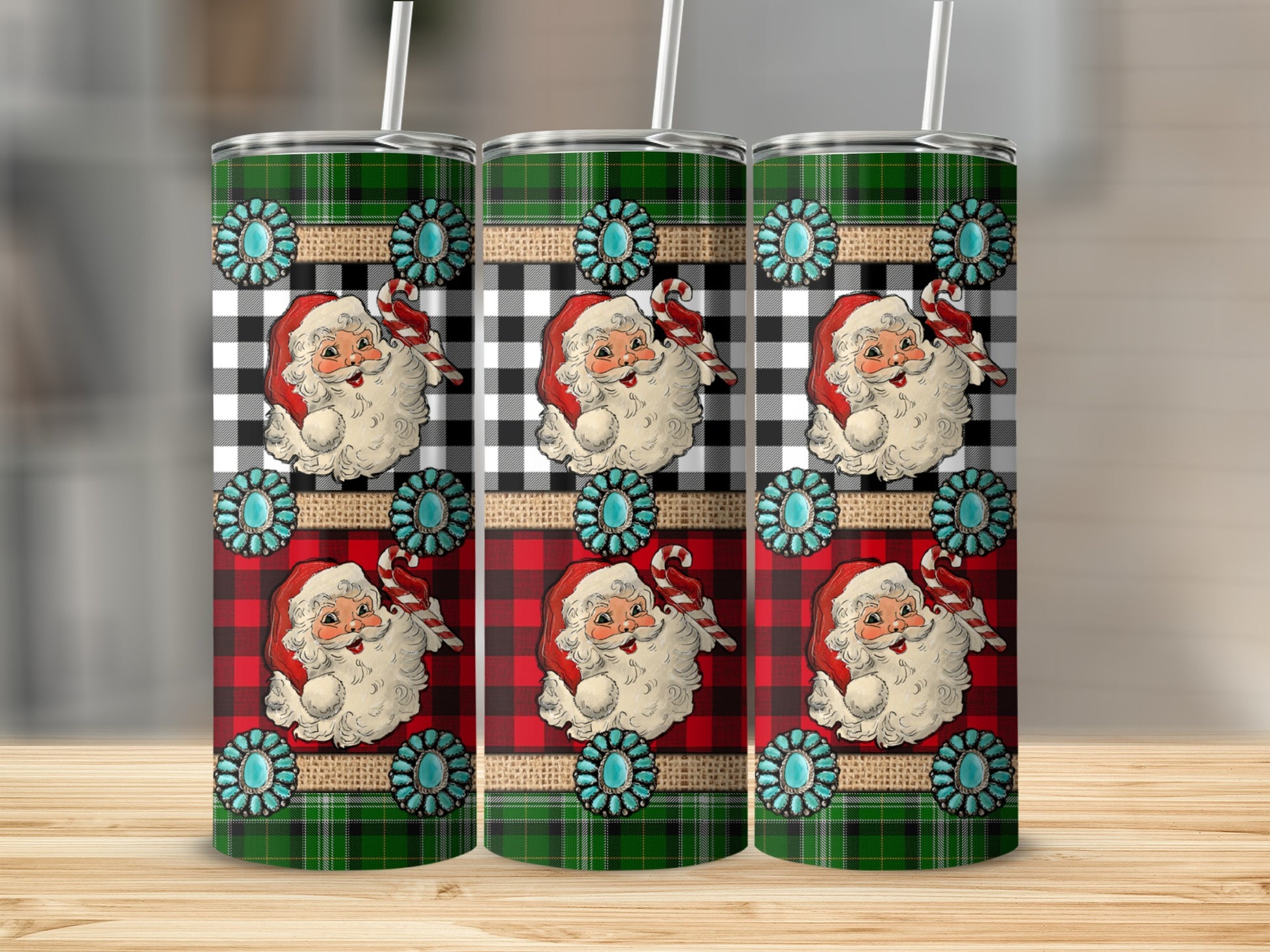 Three Santa Claus tumblers with buffalo plaid and turquoise accents.