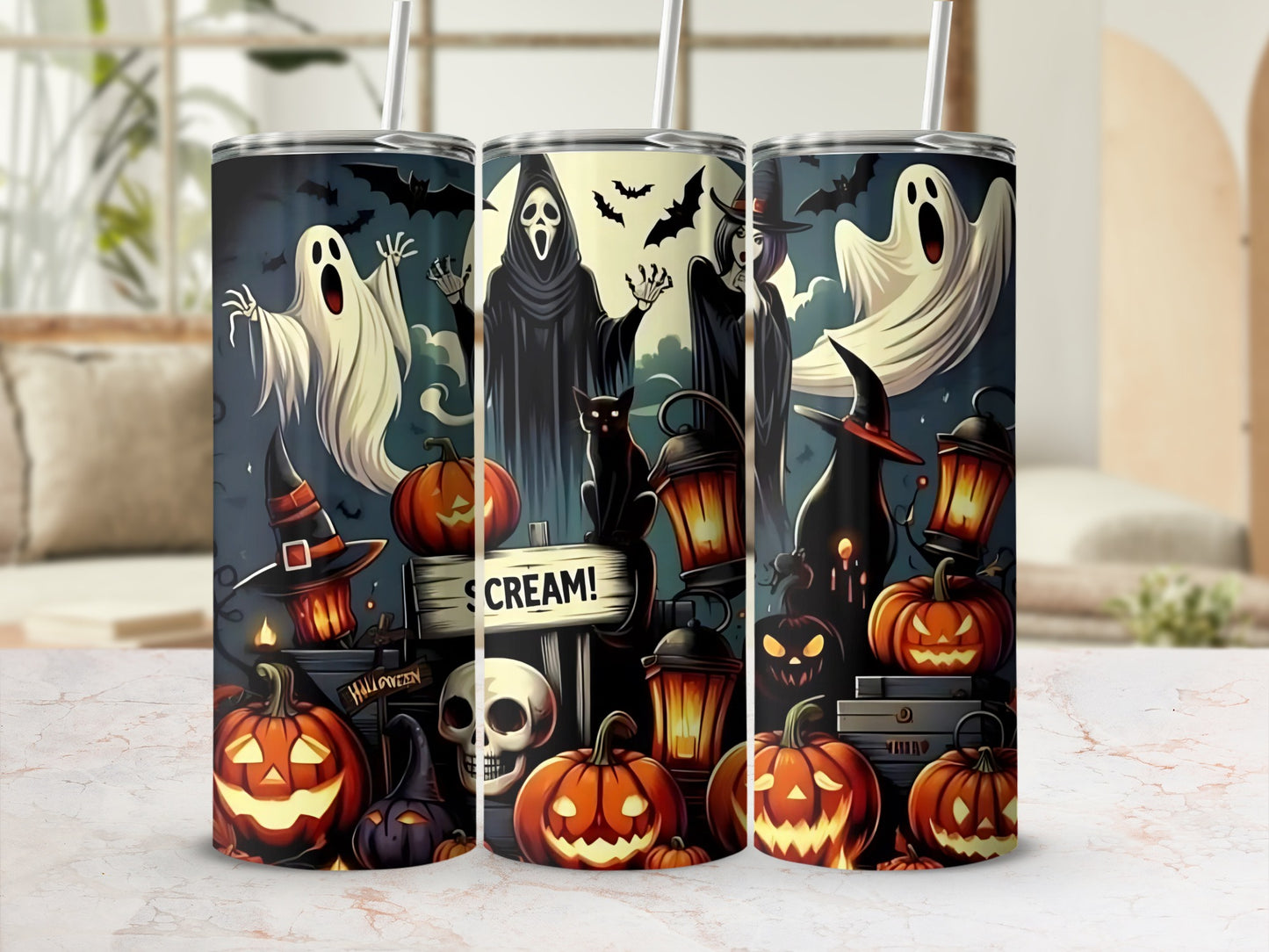 Halloween tumblers with ghosts, pumpkins, skulls, bats, and the text "SCREAM!"
