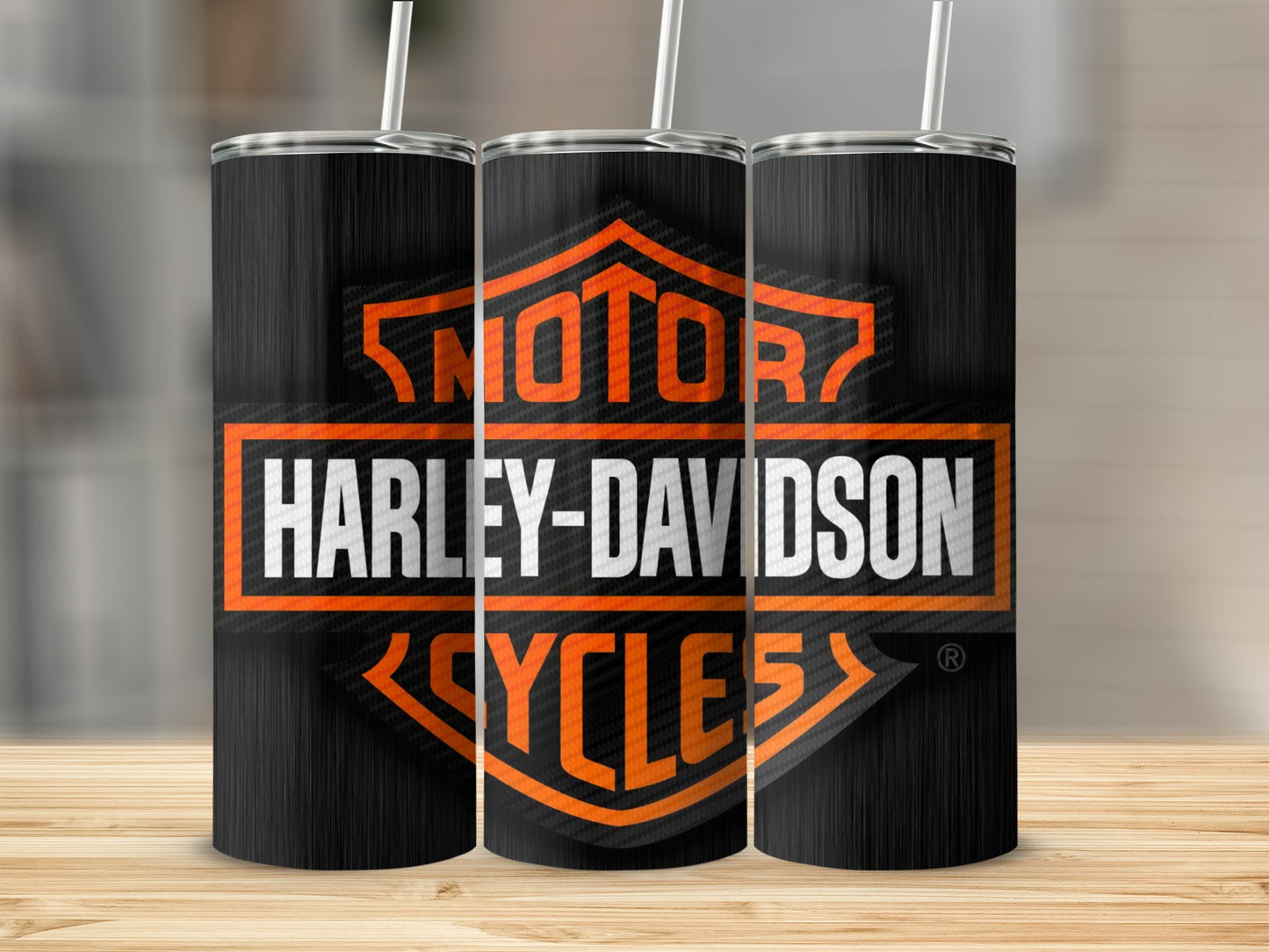 Three tumblers with Harley-Davidson Cycles logo and black ribbed texture.