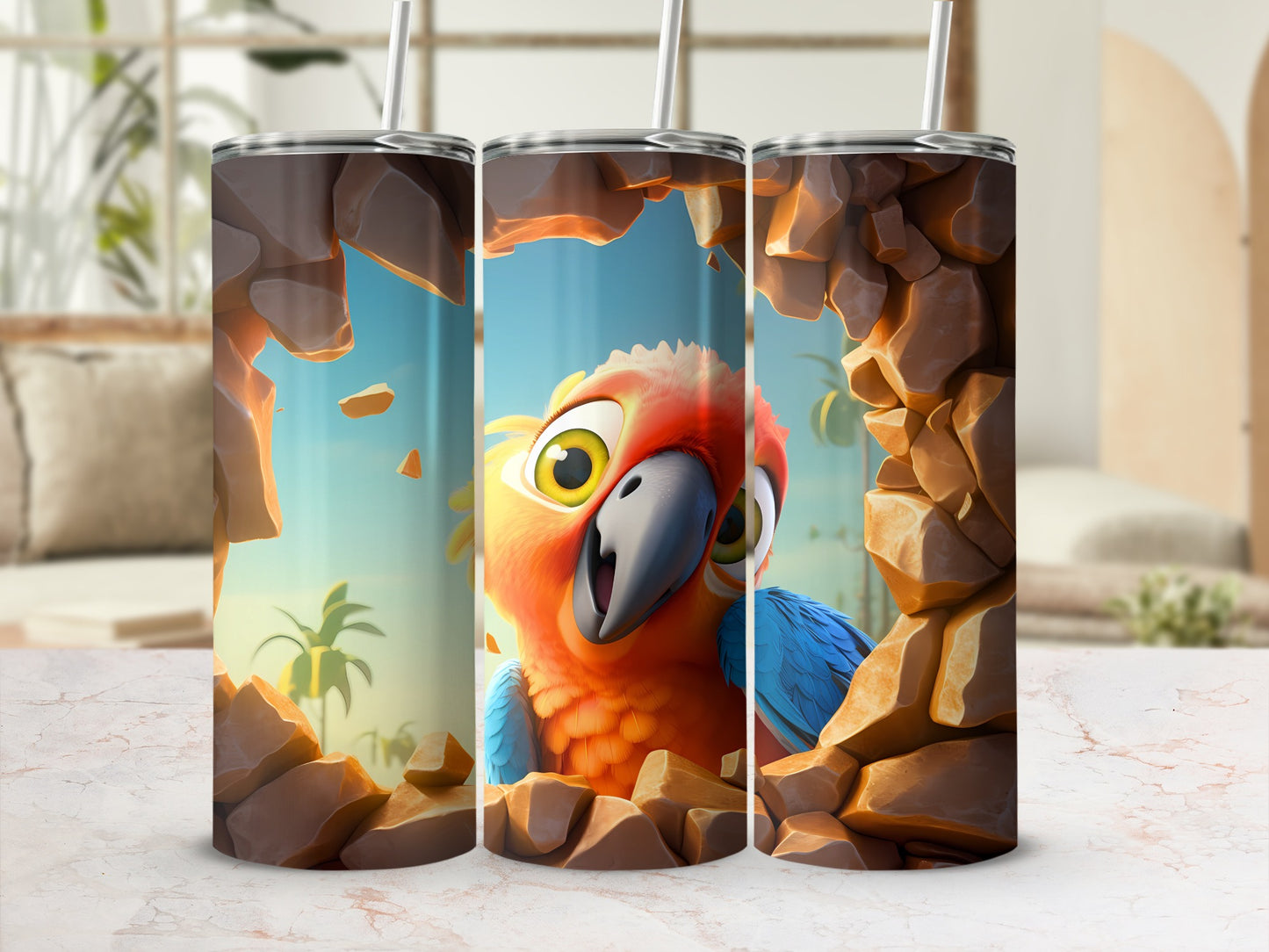 Cartoon Parrot Peeking Rocks Tropical Tumbler product type