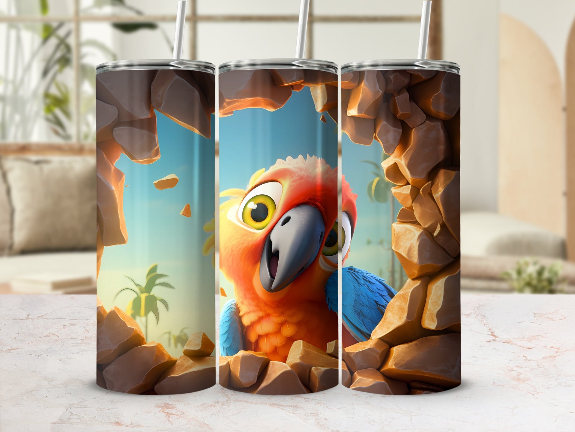 Cartoon Parrot Peeking Rocks Tropical Tumbler product type