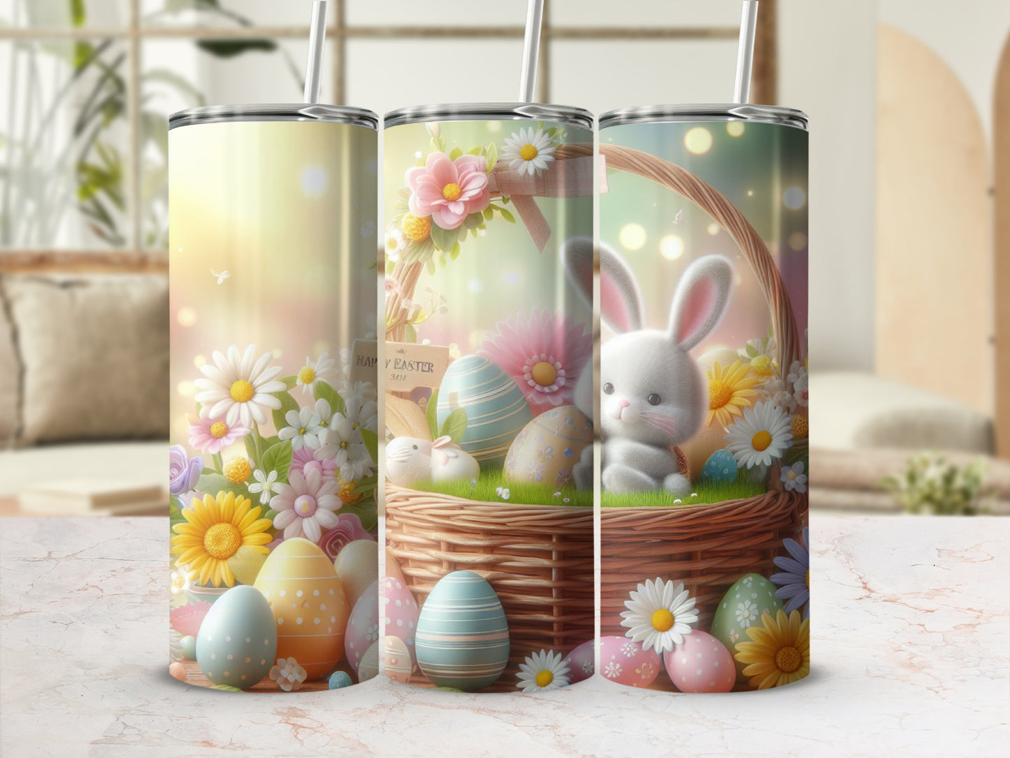 Easter bunny and eggs in basket with floral decorations and "Happy Easter" text.