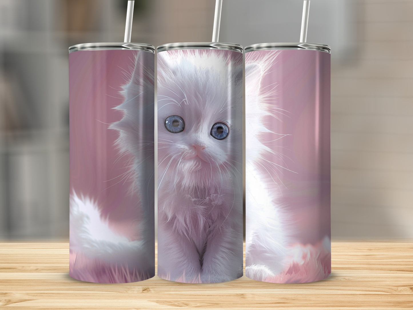 Fluffy white kitten with bright blue eyes on a pink background tumbler.