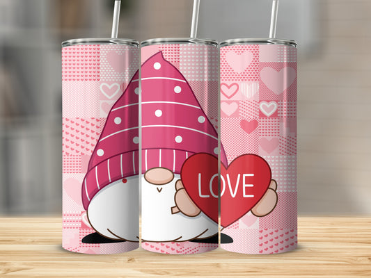 Cute Pink Gnome with Love Heart Tumbler Flask