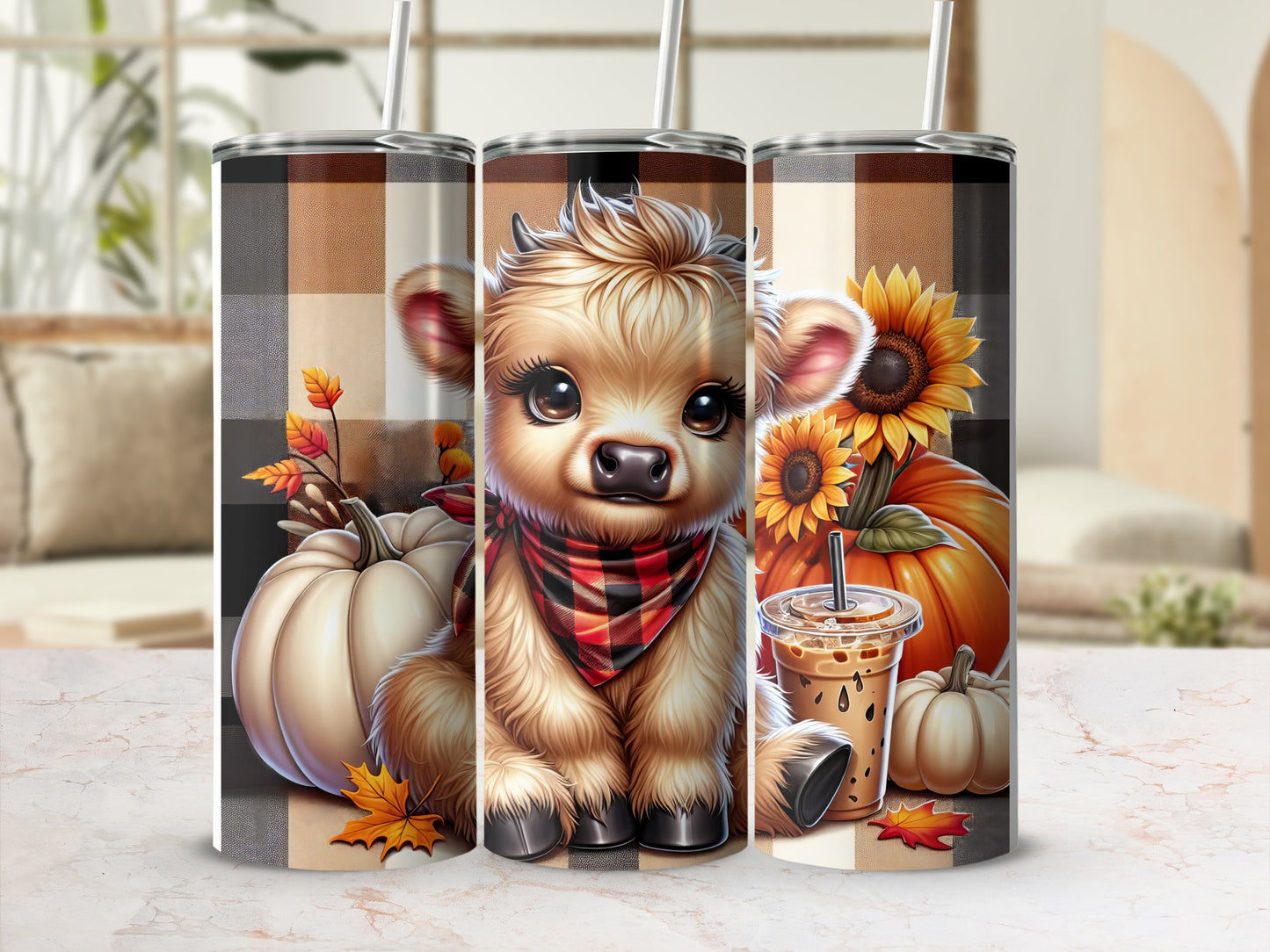 Cute baby cow with plaid bandana, pumpkins, and sunflowers on a tumbler.
