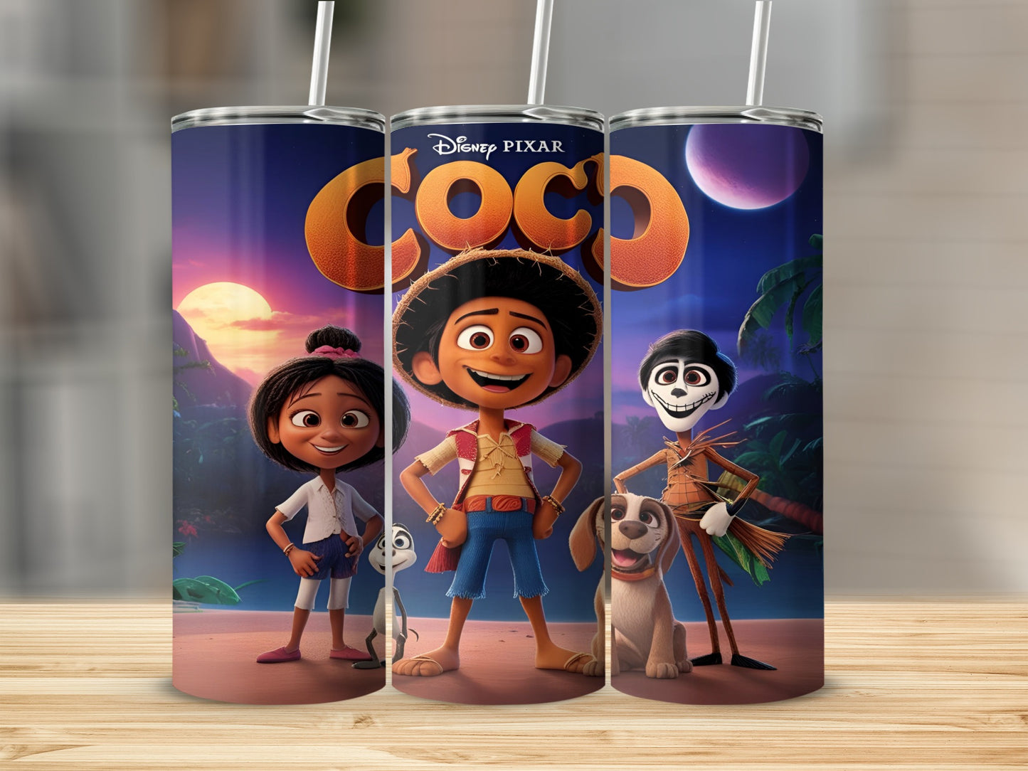 Disney Coco characters Miguel, Hector, Dante, and Xolo on a colorful tumbler.