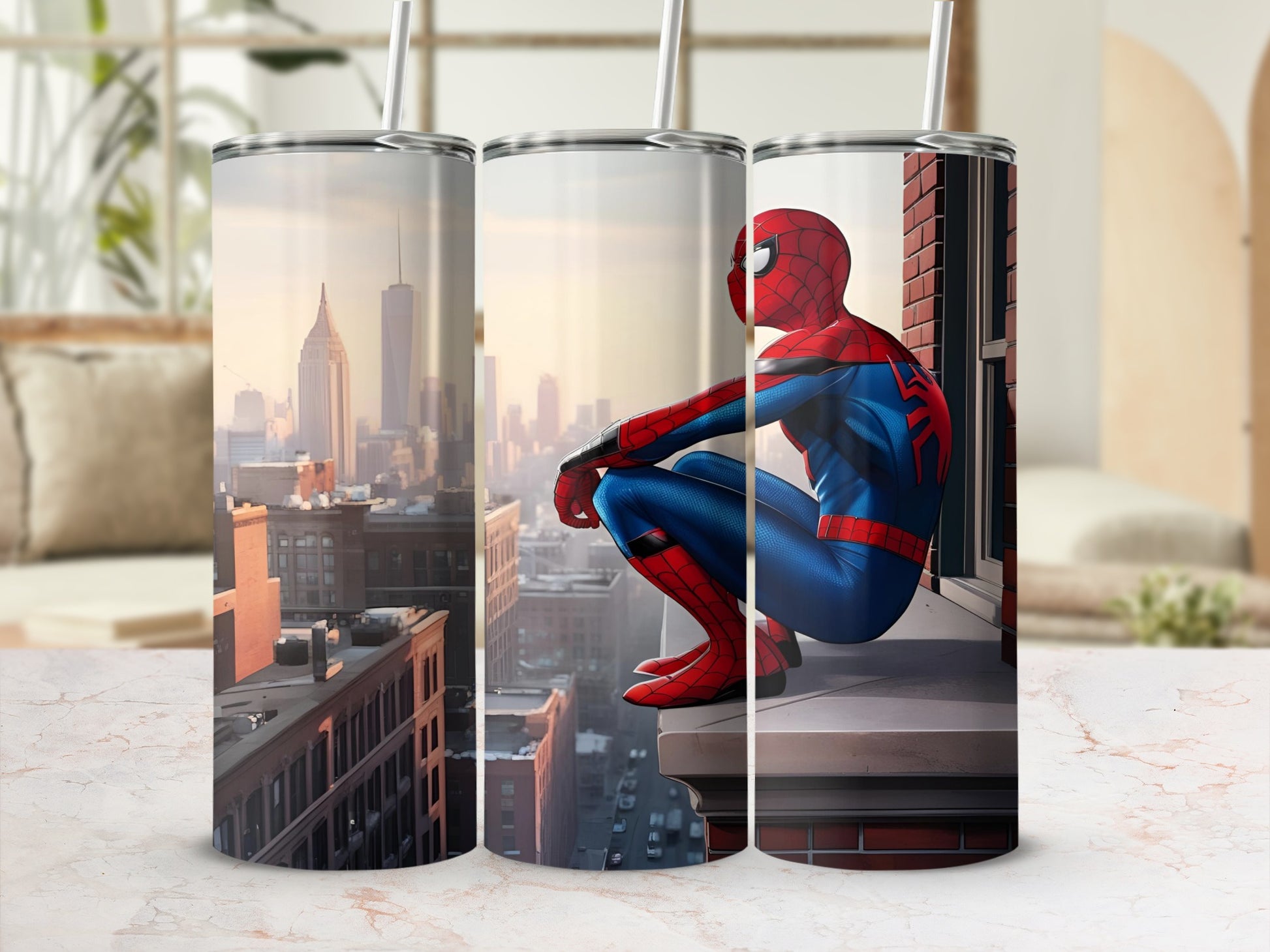 Spiderman sits on a rooftop overlooking a city skyline.