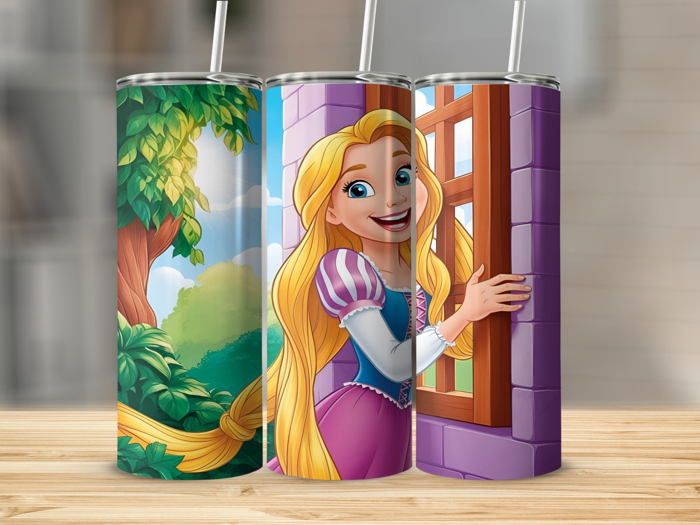Rapunzel in a window, with long blonde hair and a castle backdrop.