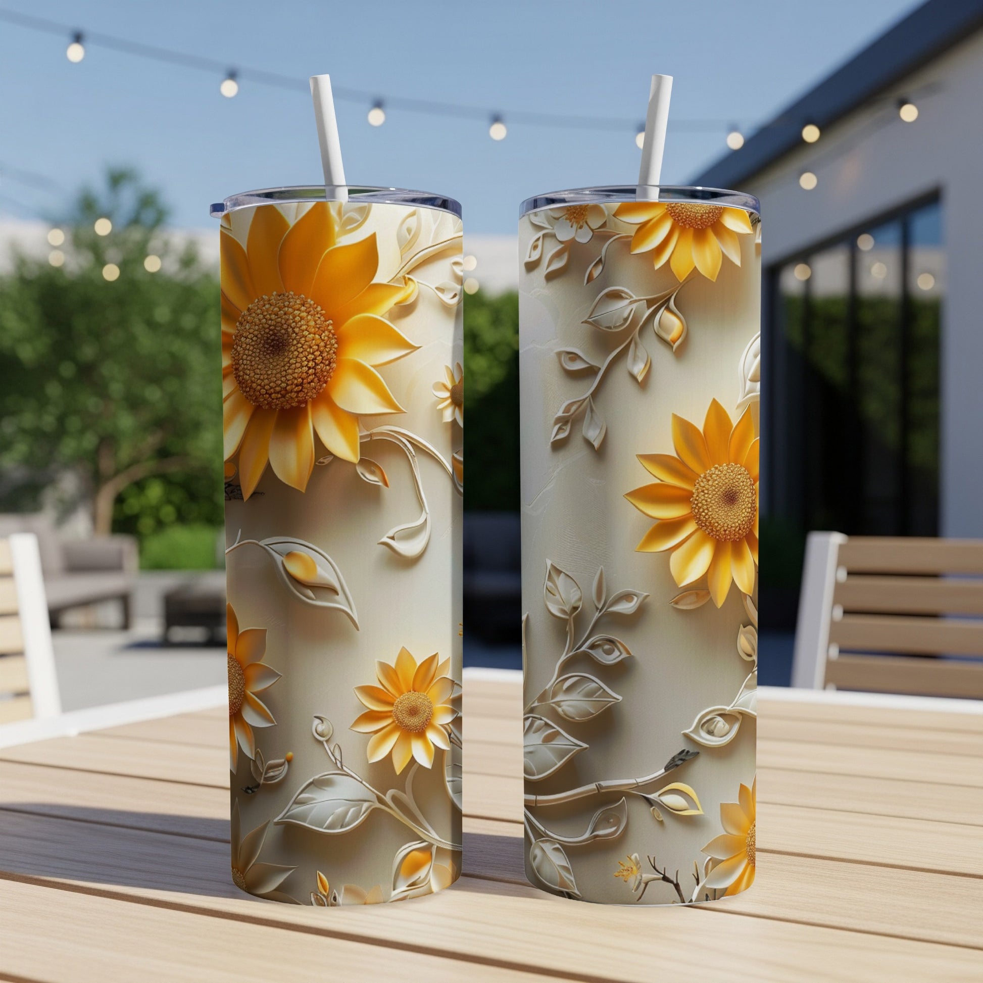 Two tall tumblers with sunflowers and floral vines, set on a wooden table.