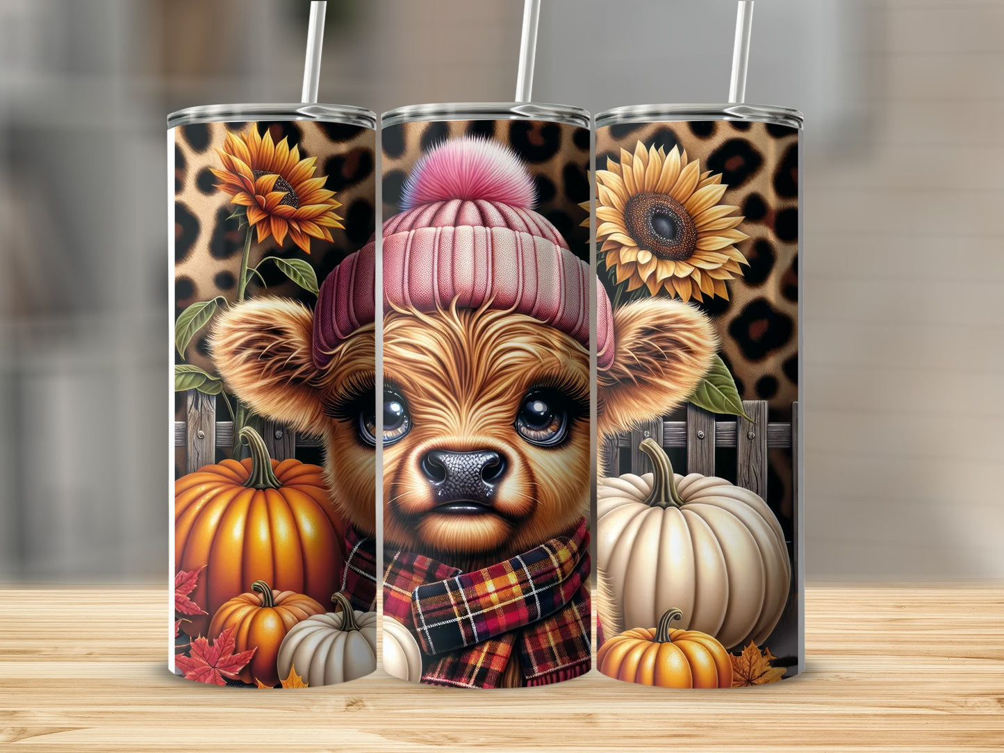 Cow wearing a beanie and scarf with pumpkins and sunflowers.