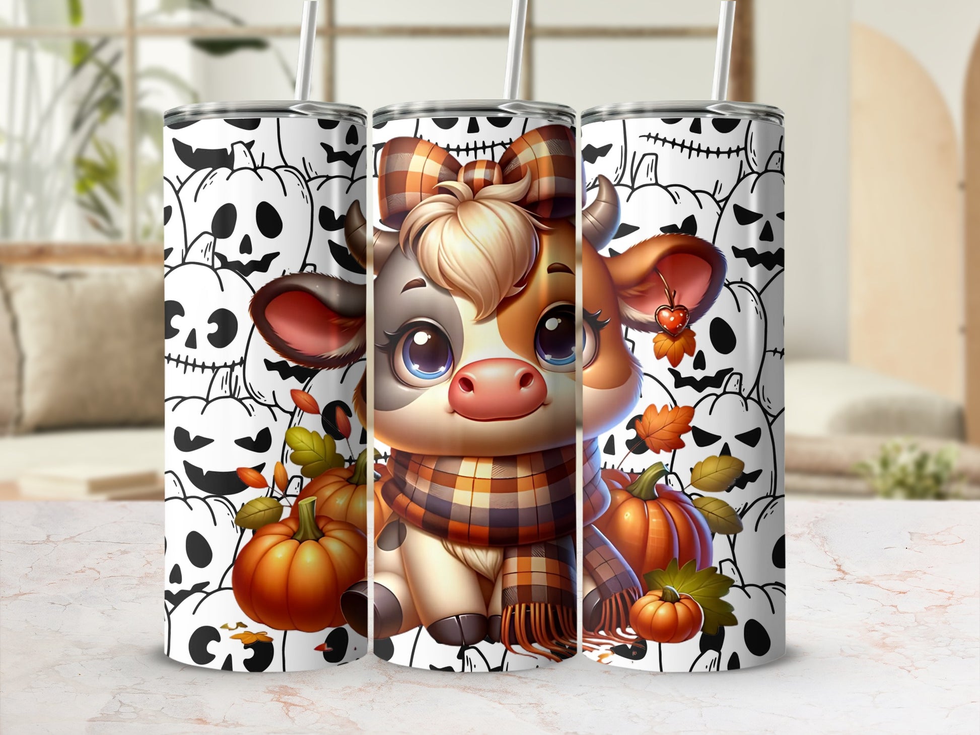Cute Halloween Cow with Pumpkins Tumbler Cup Design
